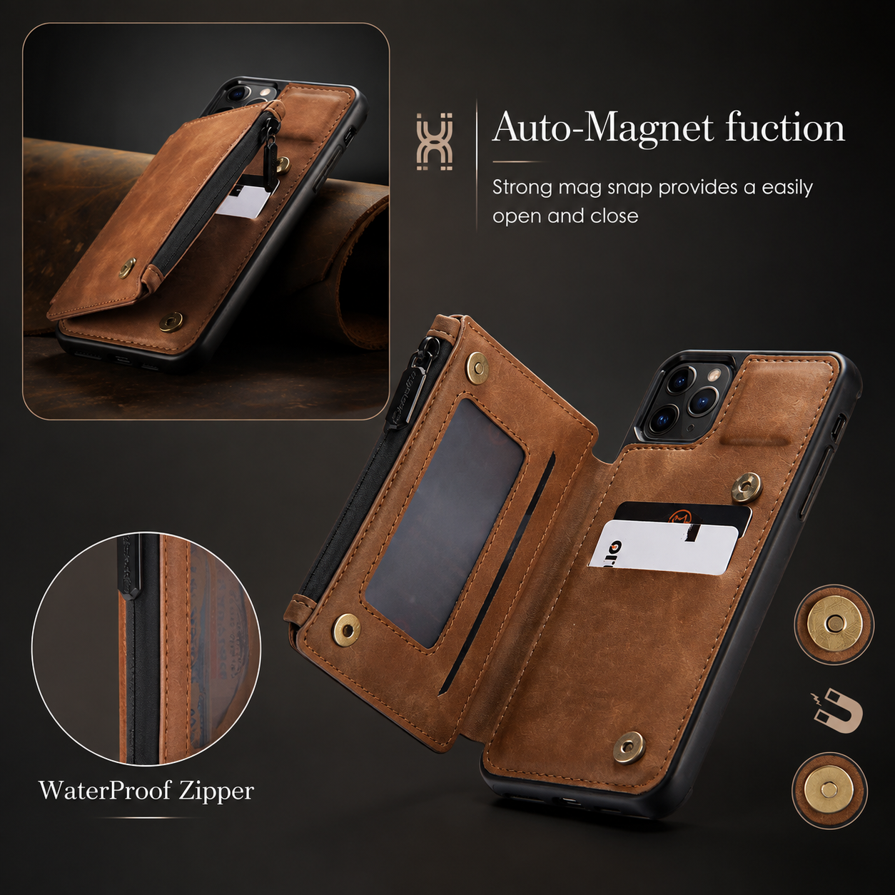 Premium Luxury iPhone Case Wallet MagSafe Compatible Leather Card Holder Stand Shockproof Camera Lens Protection Slim Protective Design Finish
