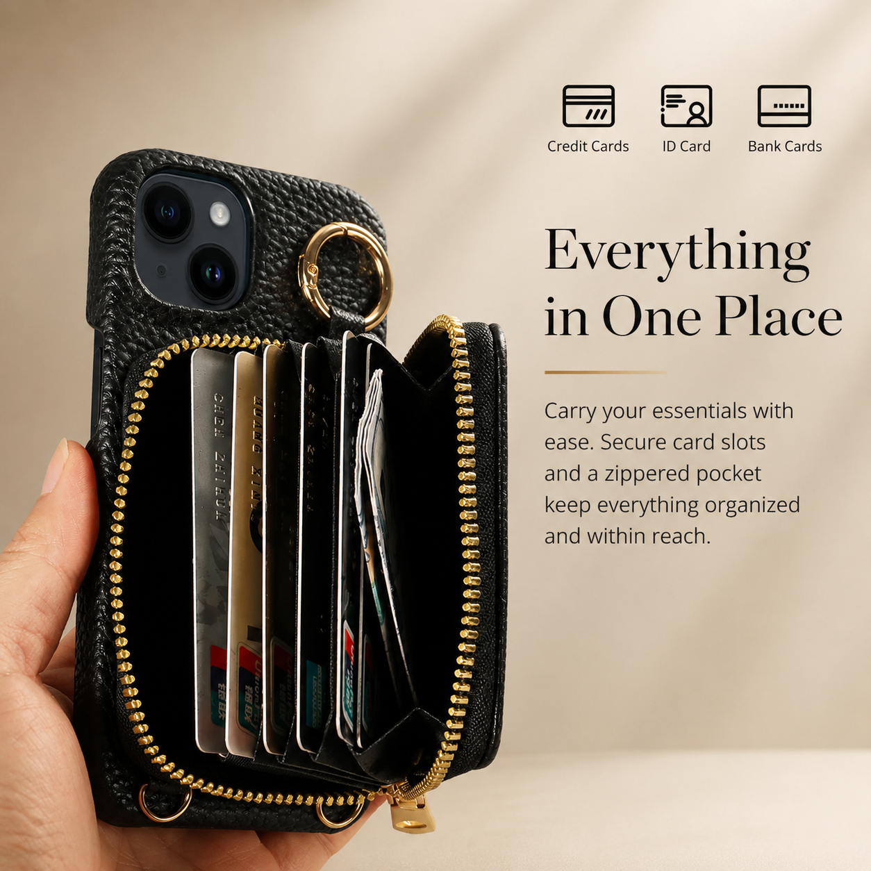 Premium Luxury iPhone Case Zipper Wallet Crossbody Cover PU Leather Card Holder Lanyard Strap Magnetic Closure Shockproof Full Protection Slim Design Finish