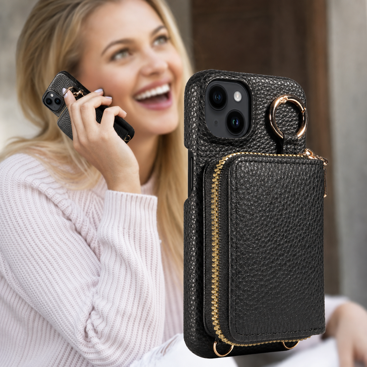 Premium Luxury iPhone Case Zipper Wallet Crossbody Cover PU Leather Card Holder Lanyard Strap Magnetic Closure Shockproof Full Protection Slim Design Finish