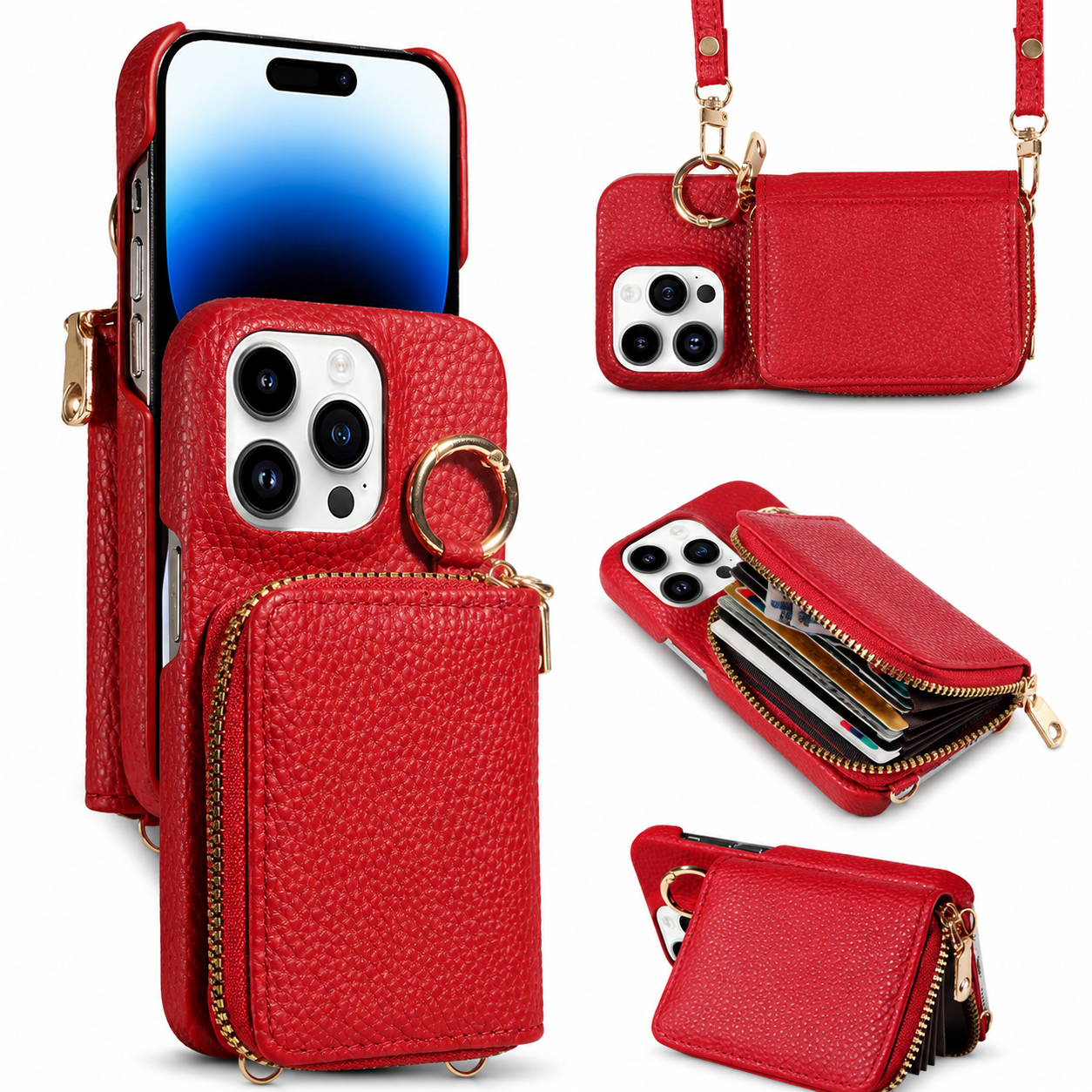 Premium Luxury iPhone Case Zipper Wallet Crossbody Cover PU Leather Card Holder Lanyard Strap Magnetic Closure Shockproof Full Protection Slim Design Finish