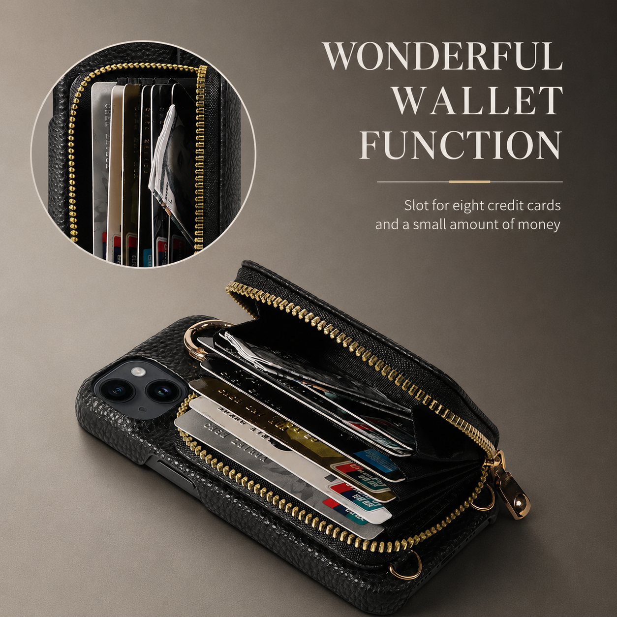 Premium Luxury iPhone Case Zipper Wallet Crossbody Cover PU Leather Card Holder Lanyard Strap Magnetic Closure Shockproof Full Protection Slim Design Finish