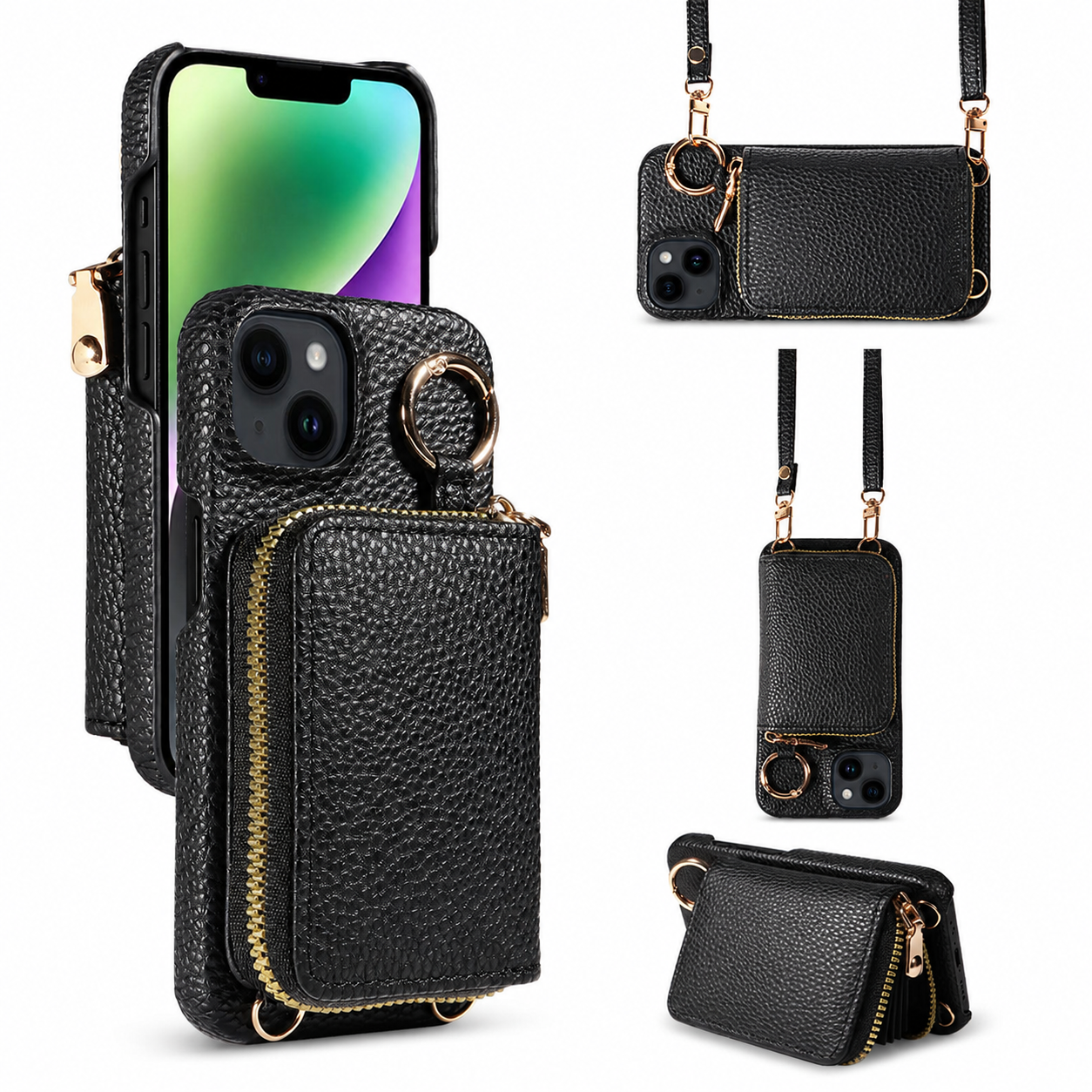 Premium Luxury iPhone Case Zipper Wallet Crossbody Cover PU Leather Card Holder Lanyard Strap Magnetic Closure Shockproof Full Protection Slim Design Finish