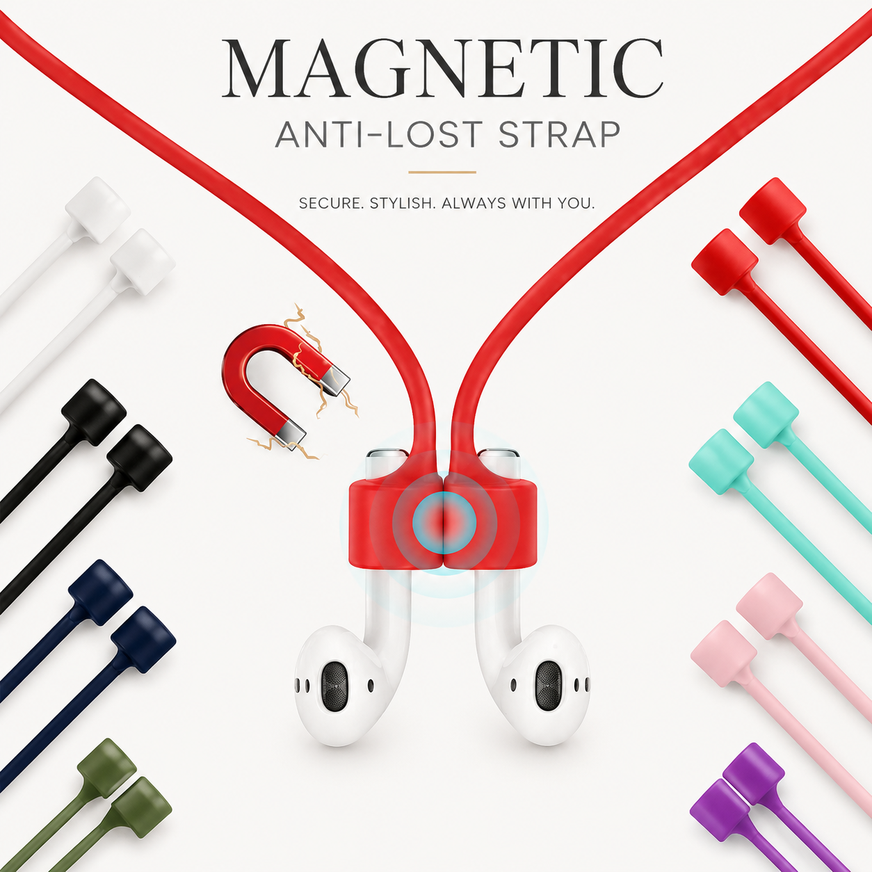 Premium Magnetic Anti-Lost AirPods Strap Silicone Neckband Cord Wireless Earbuds Holder Secure Magnetic Lanyard Lightweight Compatible with AirPods