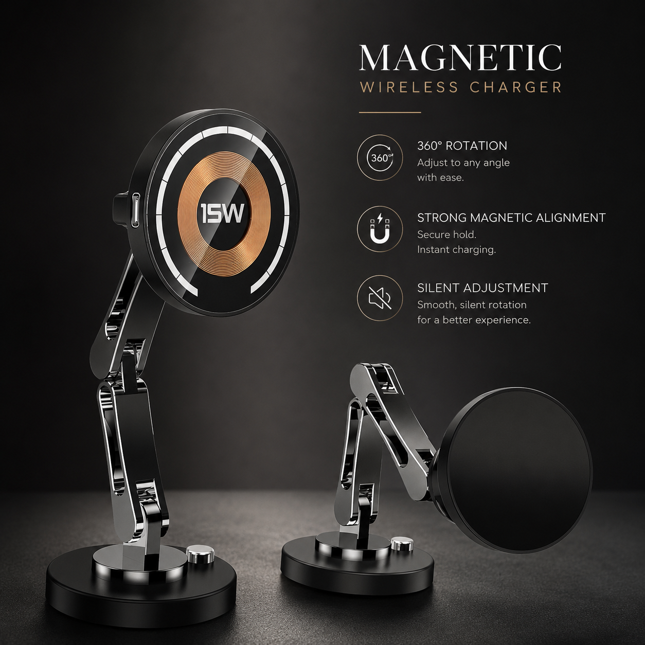 Premium Magnetic Car Wireless Charger Mount 15W Fast Charging Foldable Metal Phone Holder 360° Rotation Air Vent Stand Compatible with iPhone