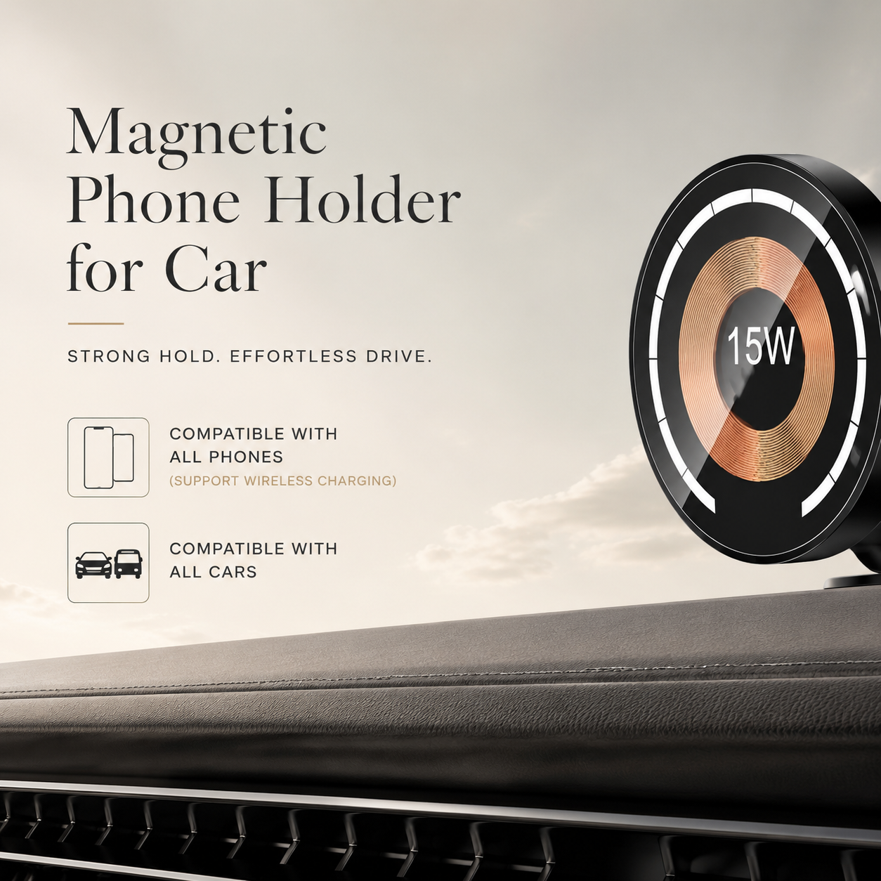 Premium Magnetic Car Wireless Charger Mount 15W Fast Charging Foldable Metal Phone Holder 360° Rotation Air Vent Stand Compatible with iPhone