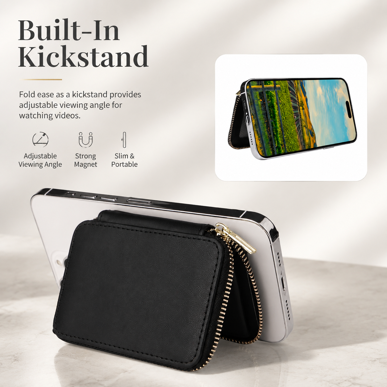Premium Magnetic Leather Wallet MagSafe Card Holder RFID Blocking Slim Wallet Case Card Storage Lanyard Support Compatible with iPhone