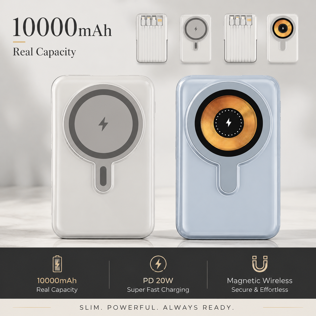Premium Magnetic Wireless Power Bank 10000mAh 22.5W Fast Charging Portable Battery Built In Cable Wireless Charger Stand PD Compatible with iPhone