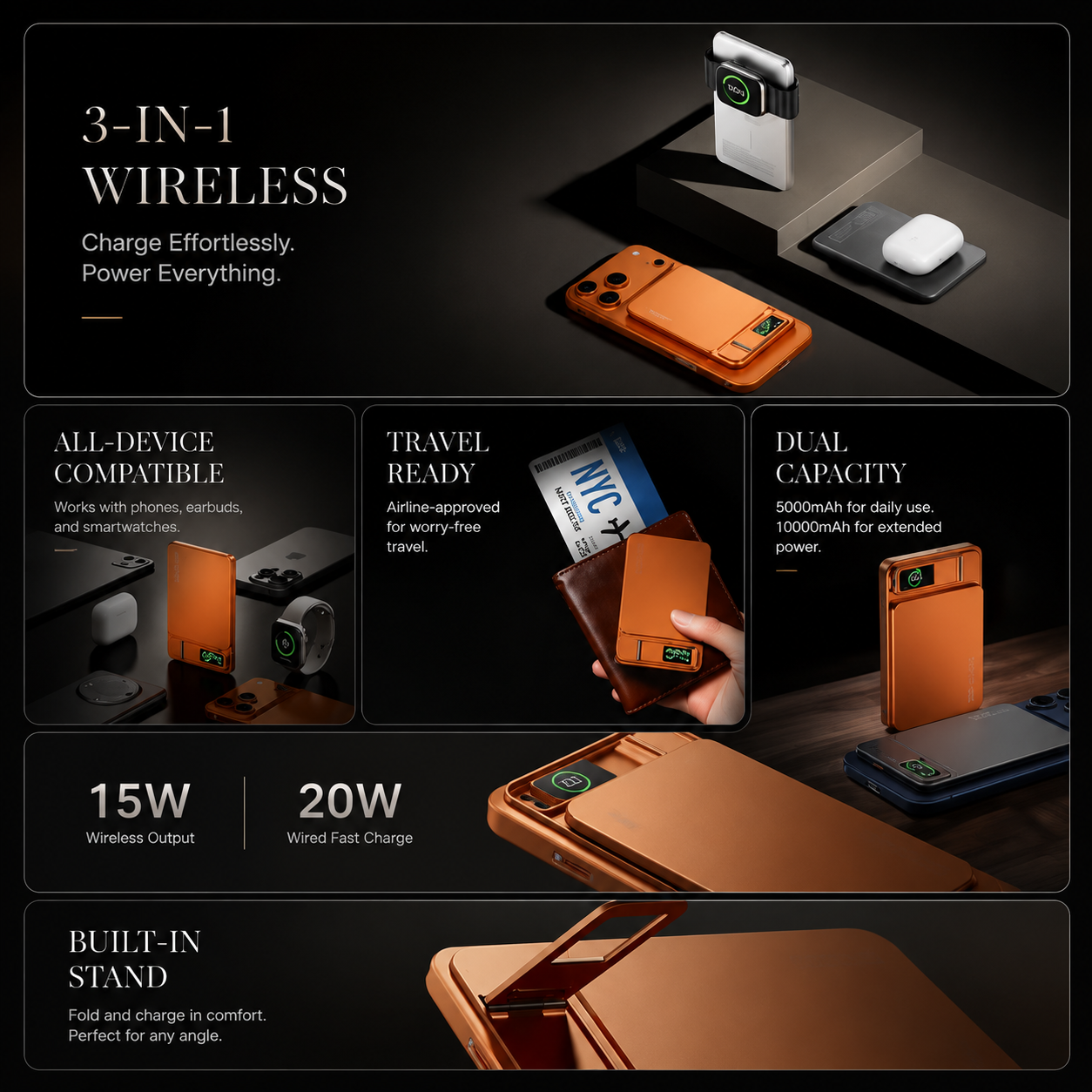 Premium Magnetic Wireless Power Bank 10000mAh Fast Charging Portable Charger 20W USB Type C Magnetic Battery Pack Digital Display Phone Stand Compatible with iPhone