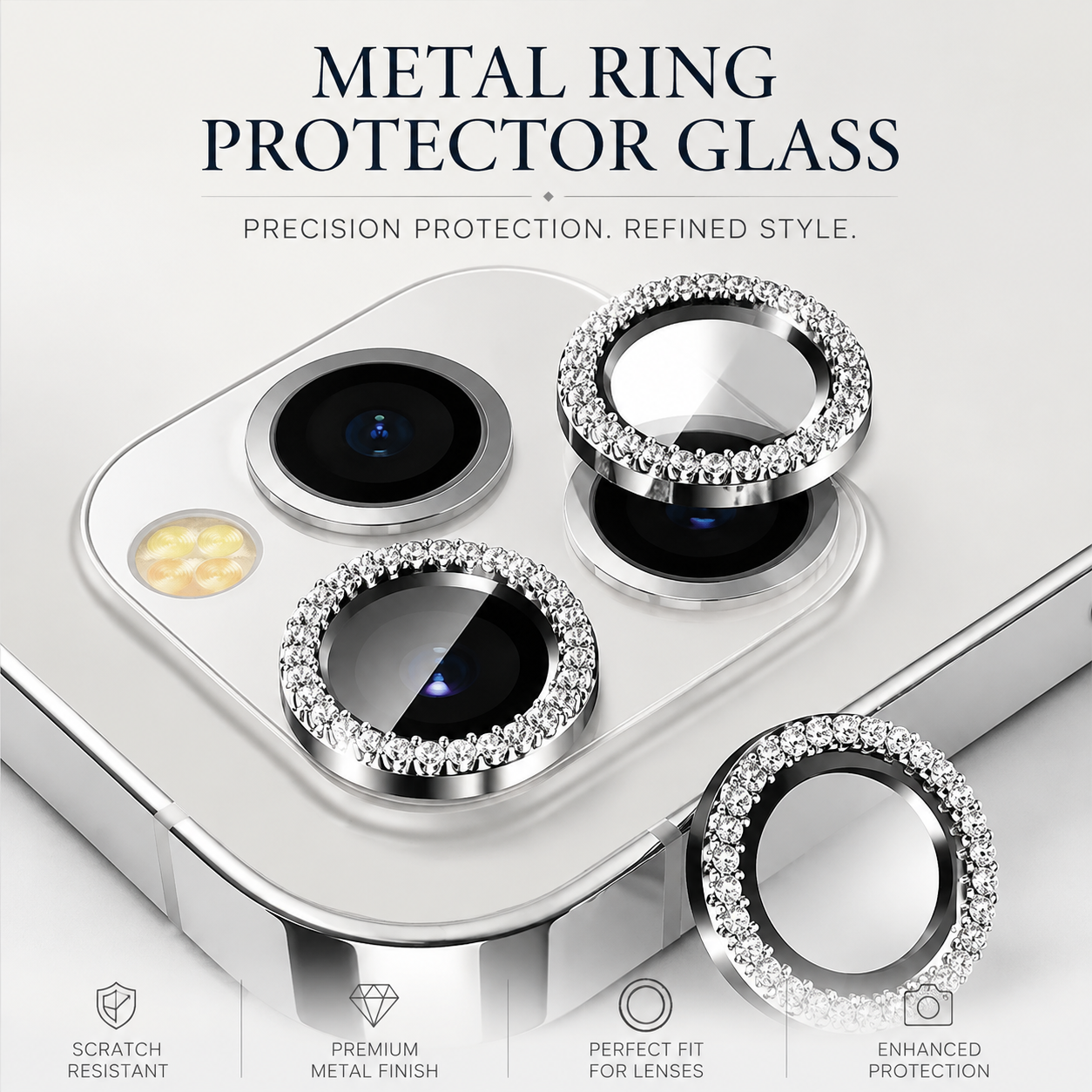 Premium Metal Camera Lens Protector Tempered Glass Camera Lens Cover Scratch Resistant Shockproof Anti-Dust Protective Ring Compatible with iPhone