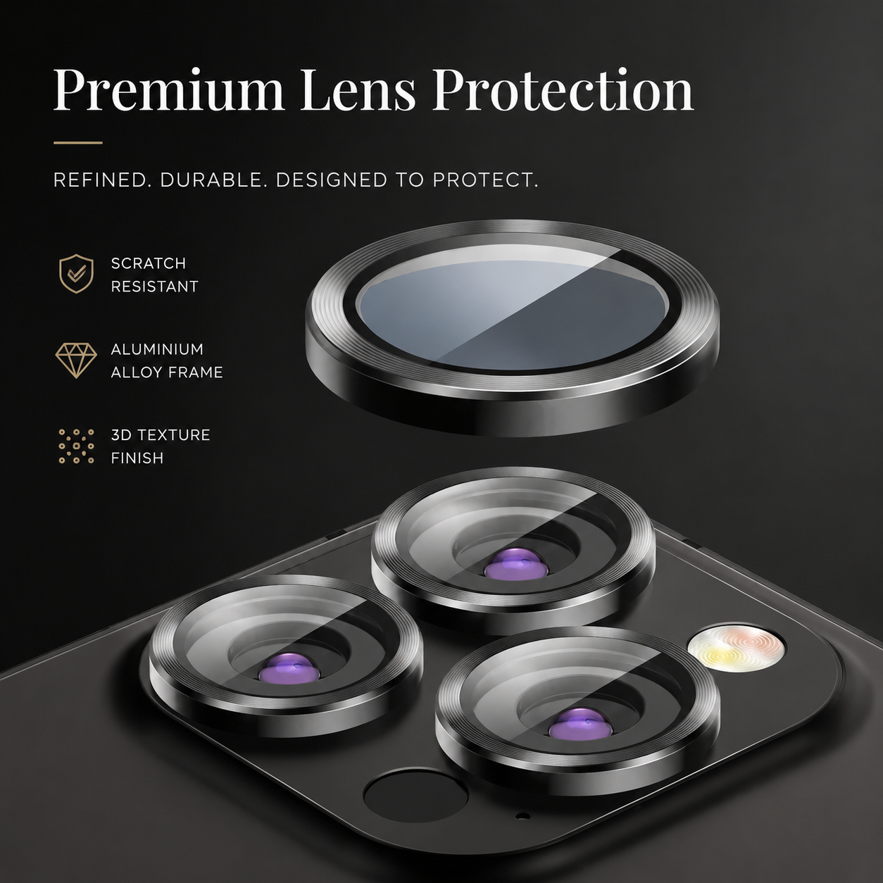 Premium Metal Camera Lens Protector Tempered Glass Camera Lens Cover Scratch Resistant Shockproof Anti-Dust Protective Ring Compatible with iPhone