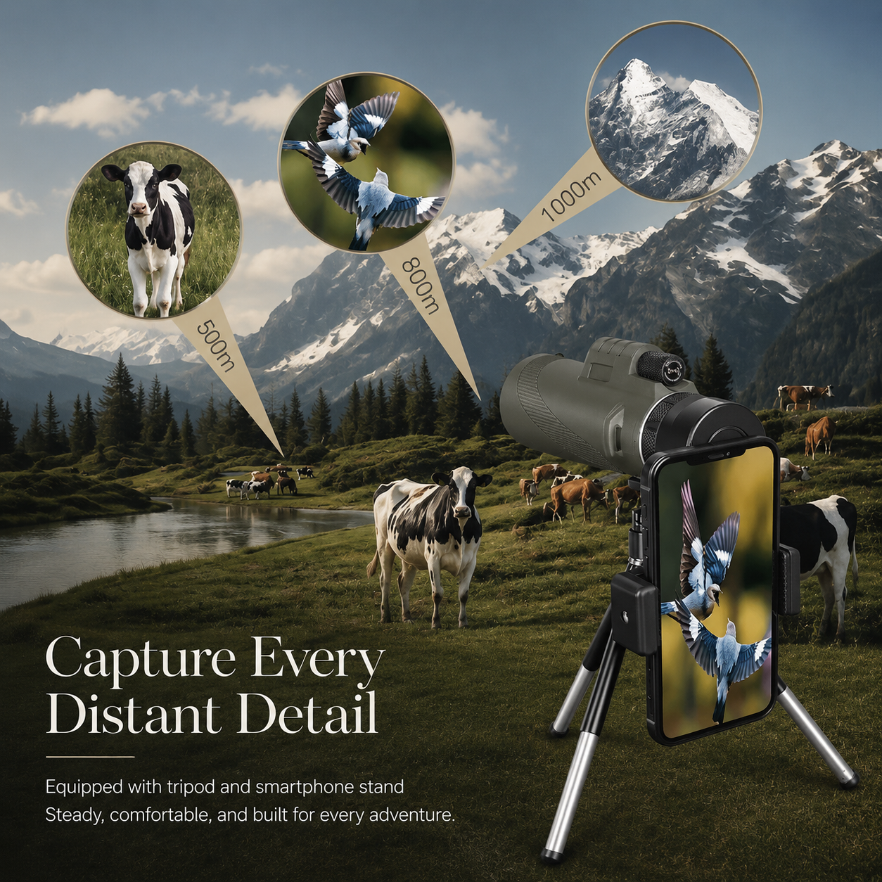 Premium Portable Zoom HD Monocular Telescope 80x100 Long Range High Power Scope FMC BAK4 Optics Phone Tripod Outdoor Travel Hunting Compatible with iPhone