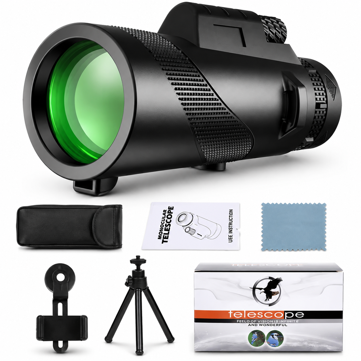 Premium Portable Zoom HD Monocular Telescope 80x100 Long Range High Power Scope FMC BAK4 Optics Phone Tripod Outdoor Travel Hunting Compatible with iPhone