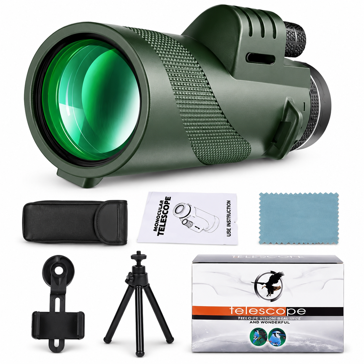 Premium Portable Zoom HD Monocular Telescope 80x100 Long Range High Power Scope FMC BAK4 Optics Phone Tripod Outdoor Travel Hunting Compatible with iPhone