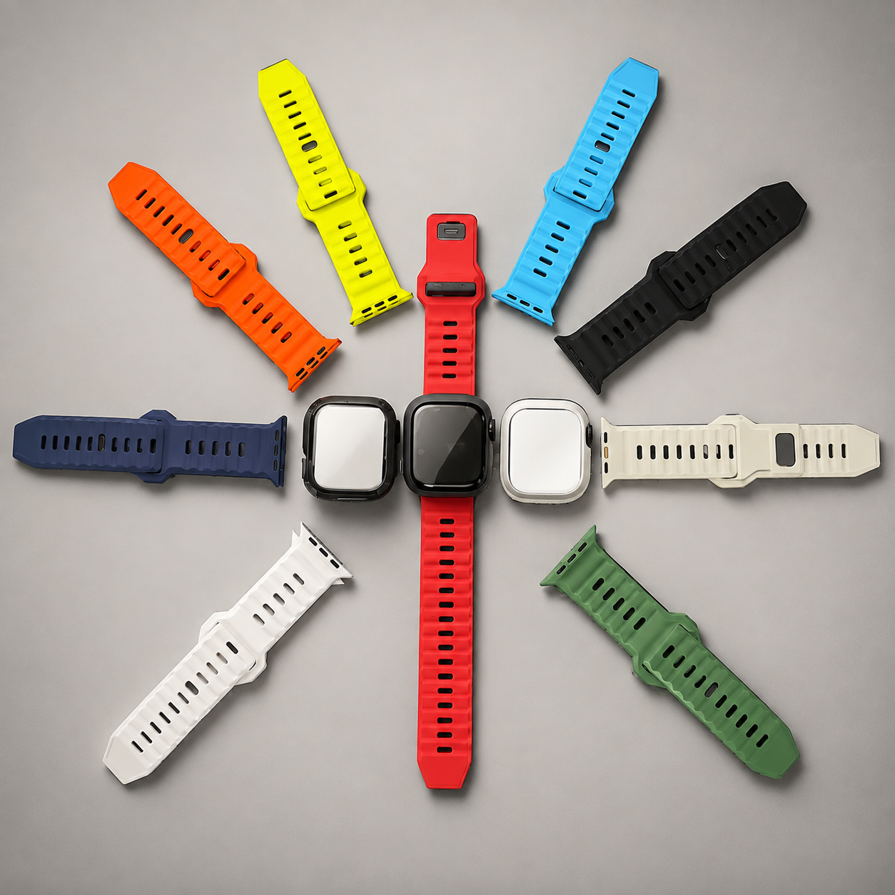 Premium Silicone Sport Watch Band Soft Waterproof Adjustable Replacement Strap Breathable Lightweight Smartwatch Wristband Compatible with iPhone