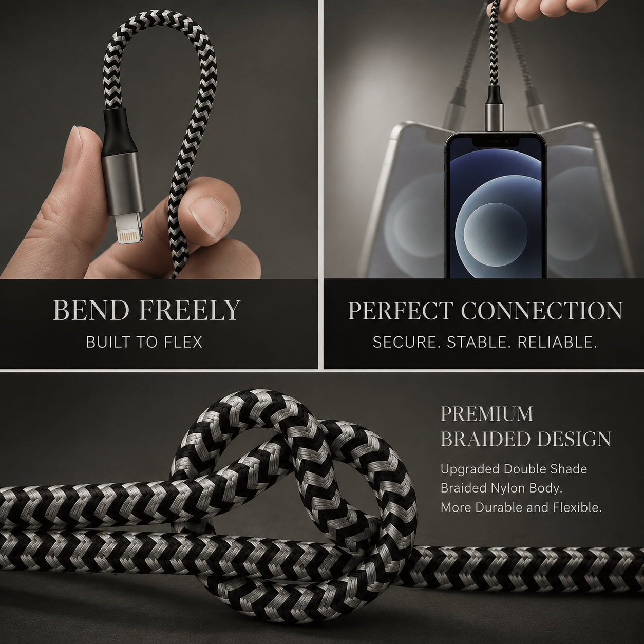 Premium USB A to Lightning Charging Cable 12W Fast Charging 2.4A MFi Certified Nylon Braided Data Sync Charger Cord Tangle Resistant Compatible with iPhone