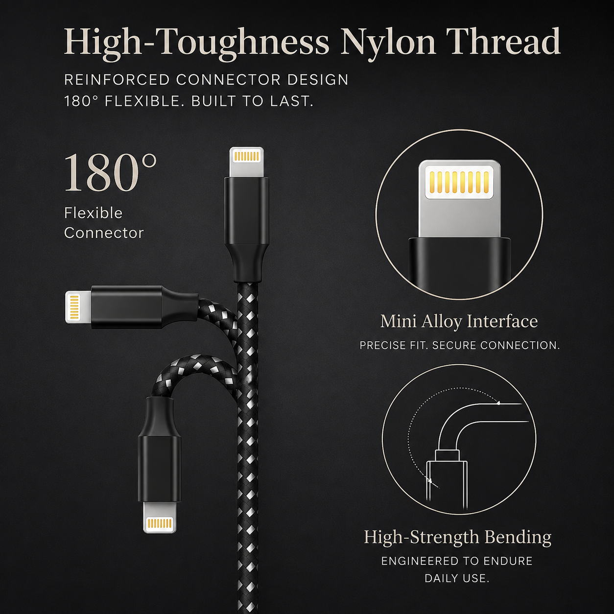 Premium USB A to Lightning Charging Cable 12W Fast Charging 2.4A MFi Certified Nylon Braided Data Sync Charger Cord Tangle Resistant Compatible with iPhone