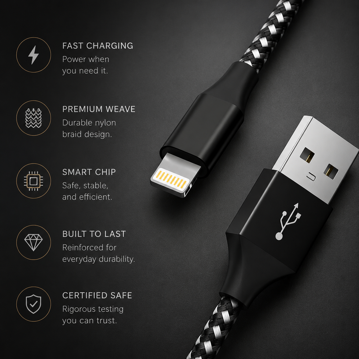 Premium USB A to Lightning Charging Cable 12W Fast Charging 2.4A MFi Certified Nylon Braided Data Sync Charger Cord Tangle Resistant Compatible with iPhone