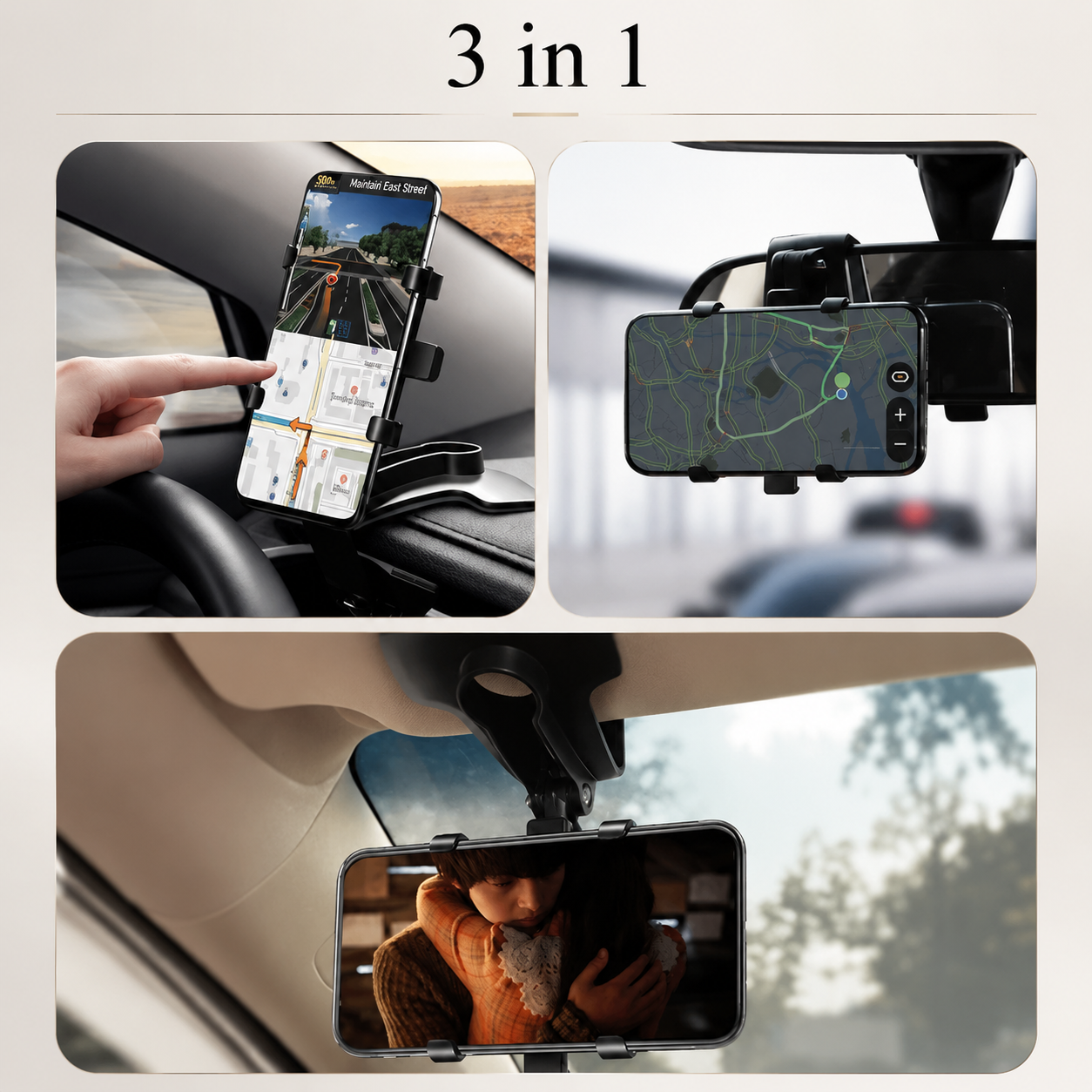 Premium Universal Car Phone Holder Mount 3-in-1 Dashboard Rearview Mirror Sun Visor Stand 360° Rotation Anti-Slip Compatible with iPhone