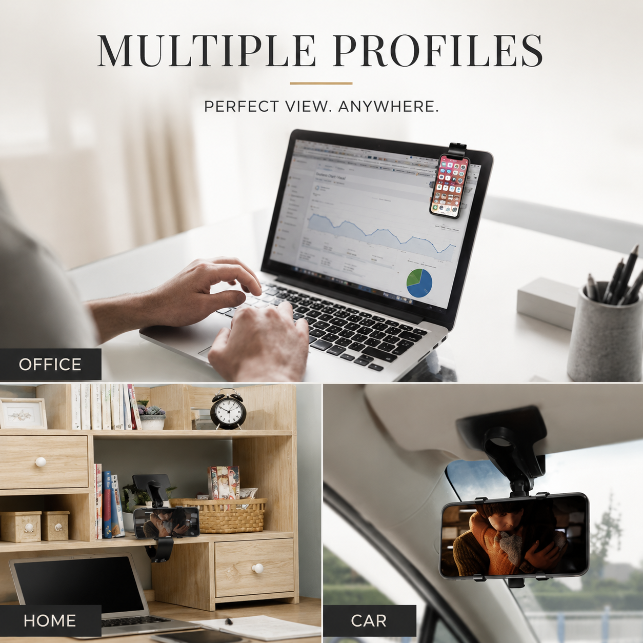 Premium Universal Car Phone Holder Mount 3-in-1 Dashboard Rearview Mirror Sun Visor Stand 360° Rotation Anti-Slip Compatible with iPhone