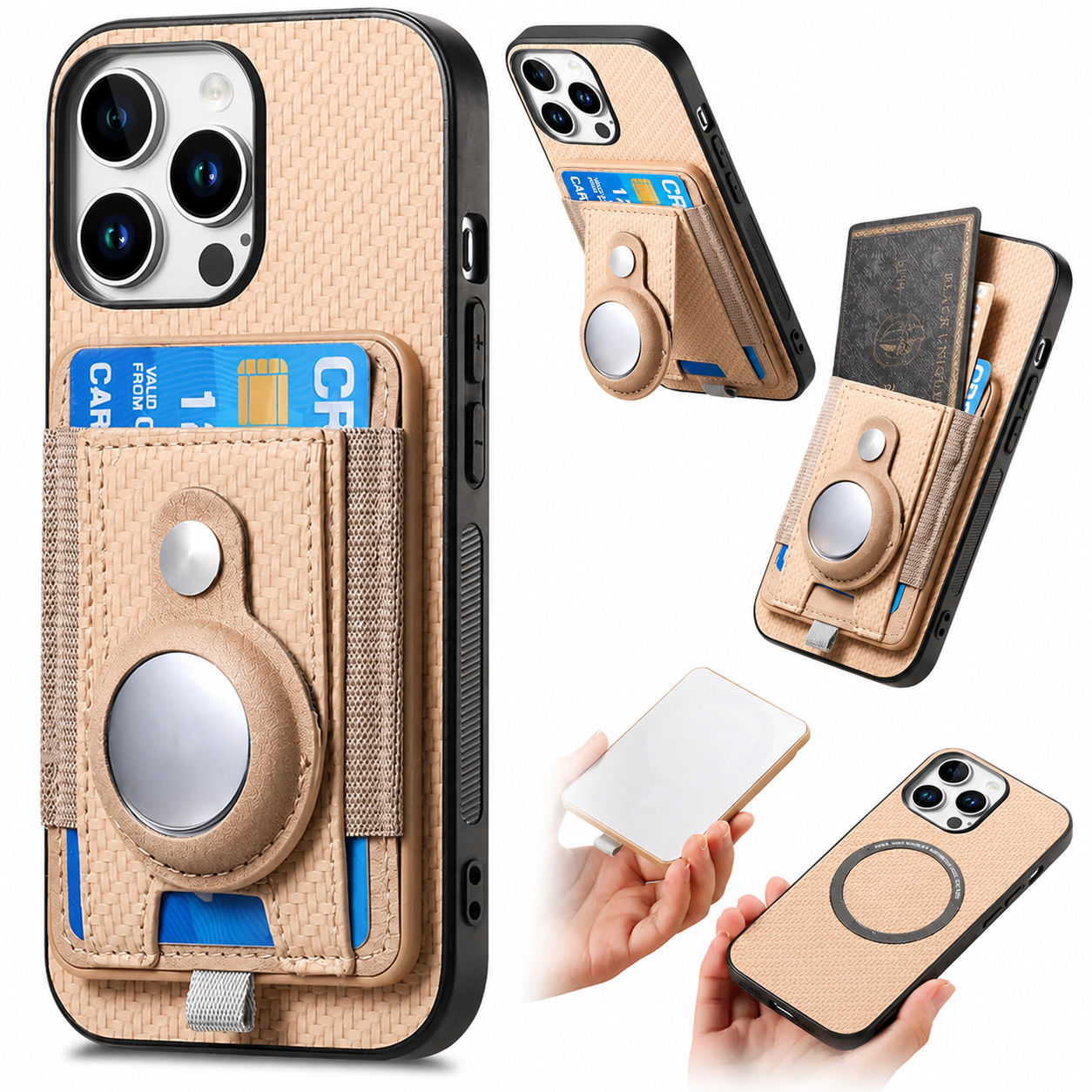 Premium iPhone Case 2-in-1 Detachable Wallet Cover PU Leather Magnetic Card Holder AirTag Holder Wireless Charging Stand Shockproof Protection Design