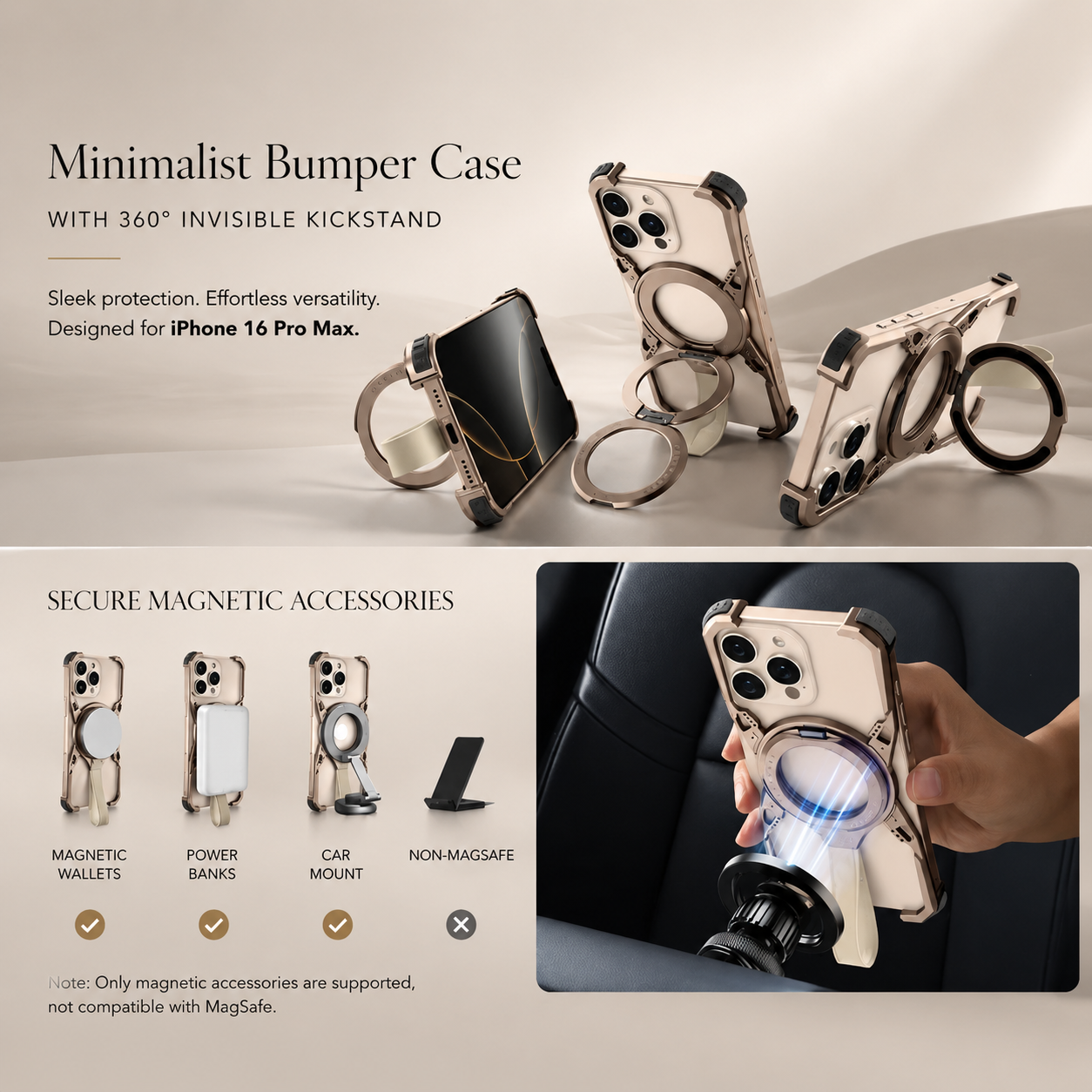 Premium iPhone Case 360 Rotating Stand Frameless Metal Frame MagSafe Compatible Shockproof Magnetic Protective Cover Camera Lens Screen Protection Ultra Thin Design