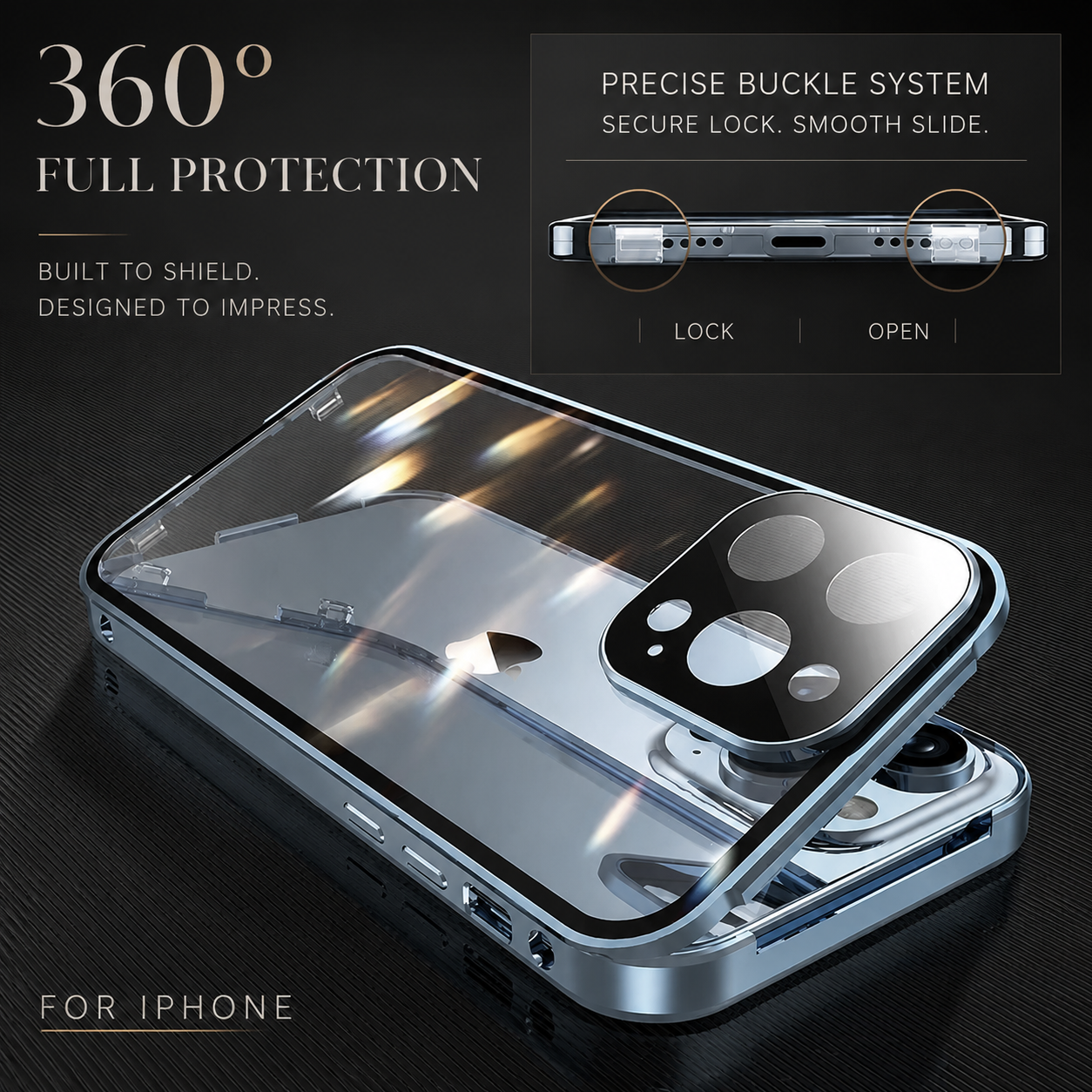 Premium iPhone Case 360° Full Body Magnetic Cover Metal Frame Double Glass Snap Lock Shockproof Protective Case MagSafe Compatible Design