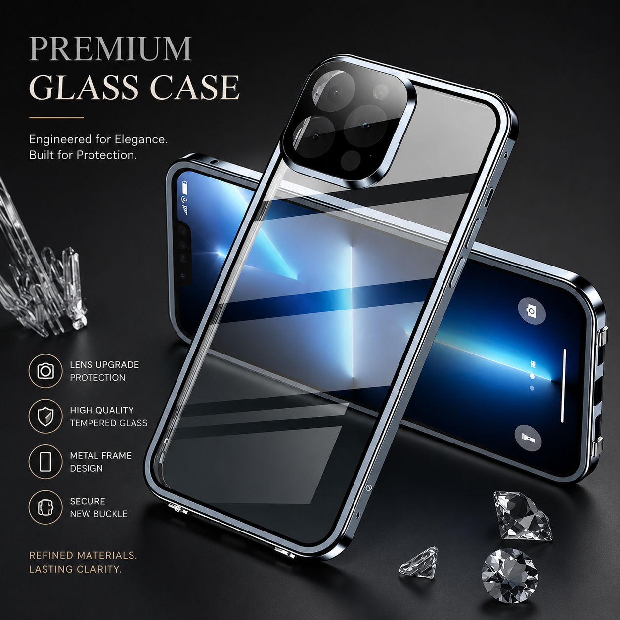 Premium iPhone Case 360° Full Body Magnetic Cover Metal Frame Double Glass Snap Lock Shockproof Protective Case MagSafe Compatible Design