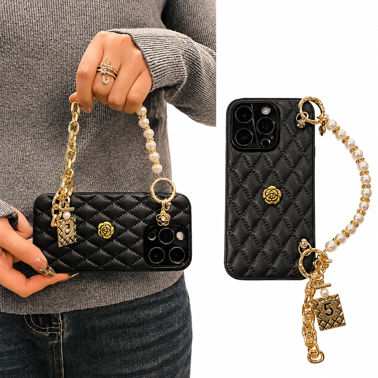 Premium iPhone Case 3D Camellia Floral Design Chain Strap Luxury Protective Cover Shockproof Slim Stylish Full Coverage Case