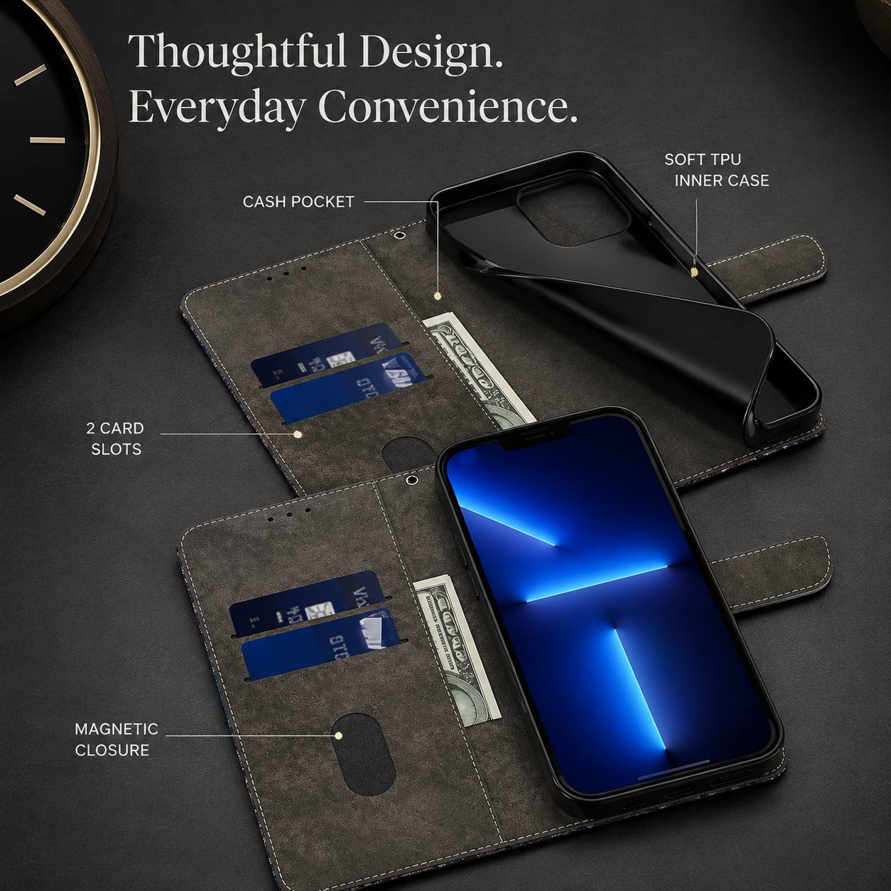 Premium iPhone Case 3D Leather Flip Wallet Magnetic Cover Card Holder Stand Function Shockproof Protective Closure Design Luxury