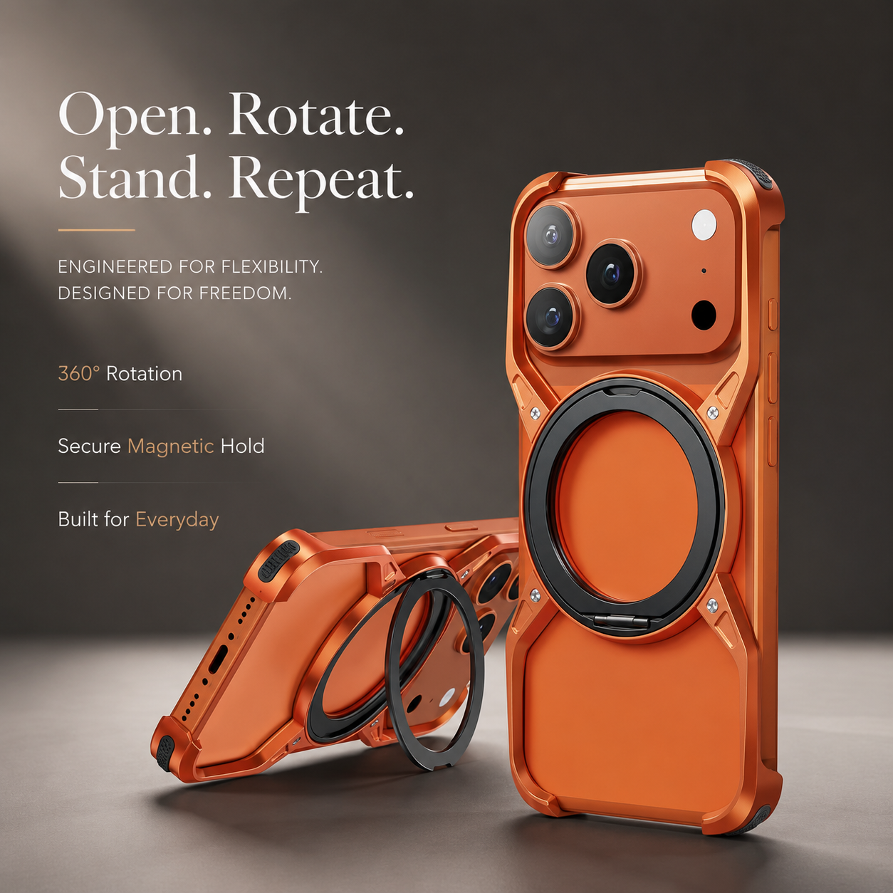 Premium iPhone Case Aluminum Alloy Bumper MagSafe Compatible Magnetic Cover 360° Rotating Ring Stand Shockproof Camera Lens Guard