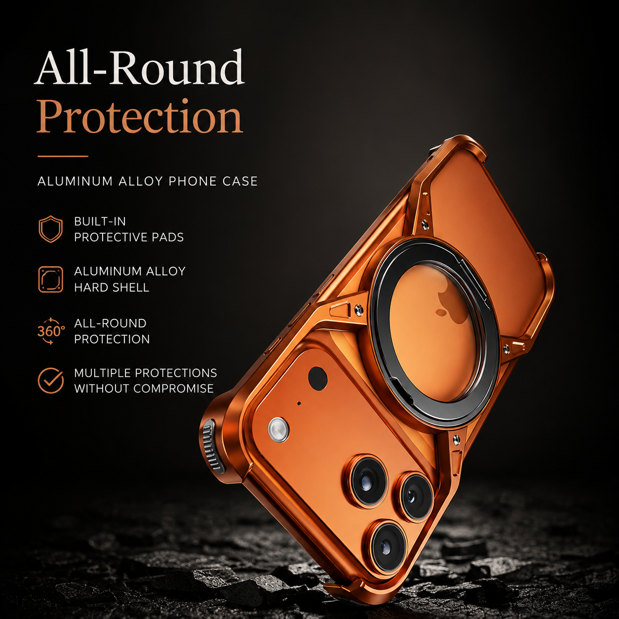 Premium iPhone Case Aluminum Alloy Bumper MagSafe Compatible Magnetic Cover 360° Rotating Ring Stand Shockproof Camera Lens Guard