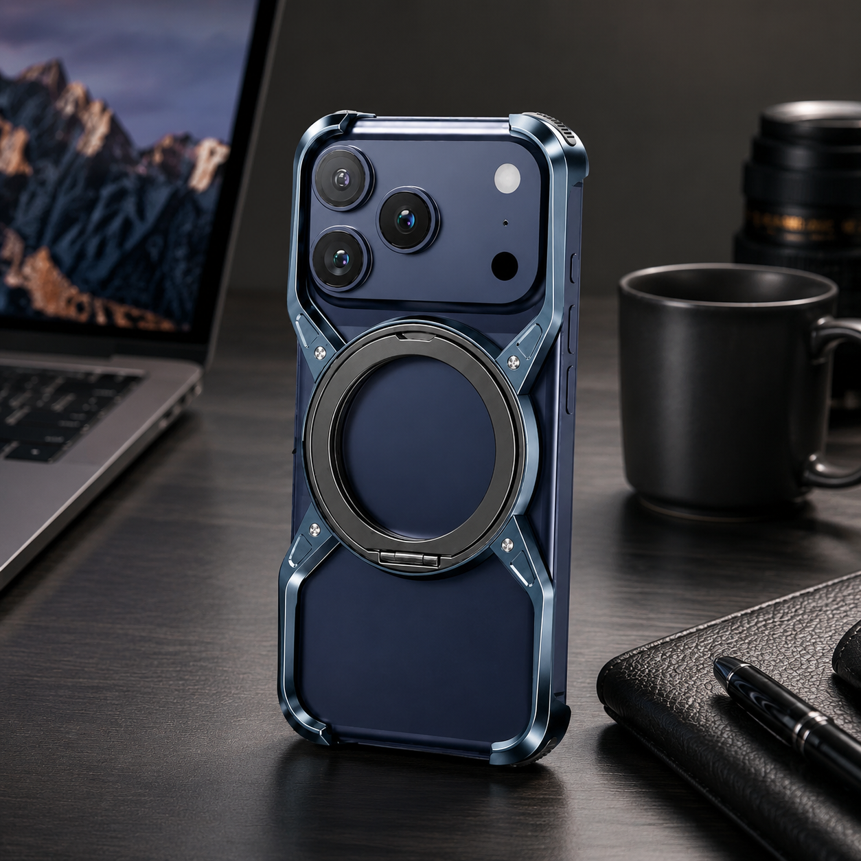 Premium iPhone Case Aluminum Alloy Bumper MagSafe Compatible Magnetic Cover 360° Rotating Ring Stand Shockproof Camera Lens Guard