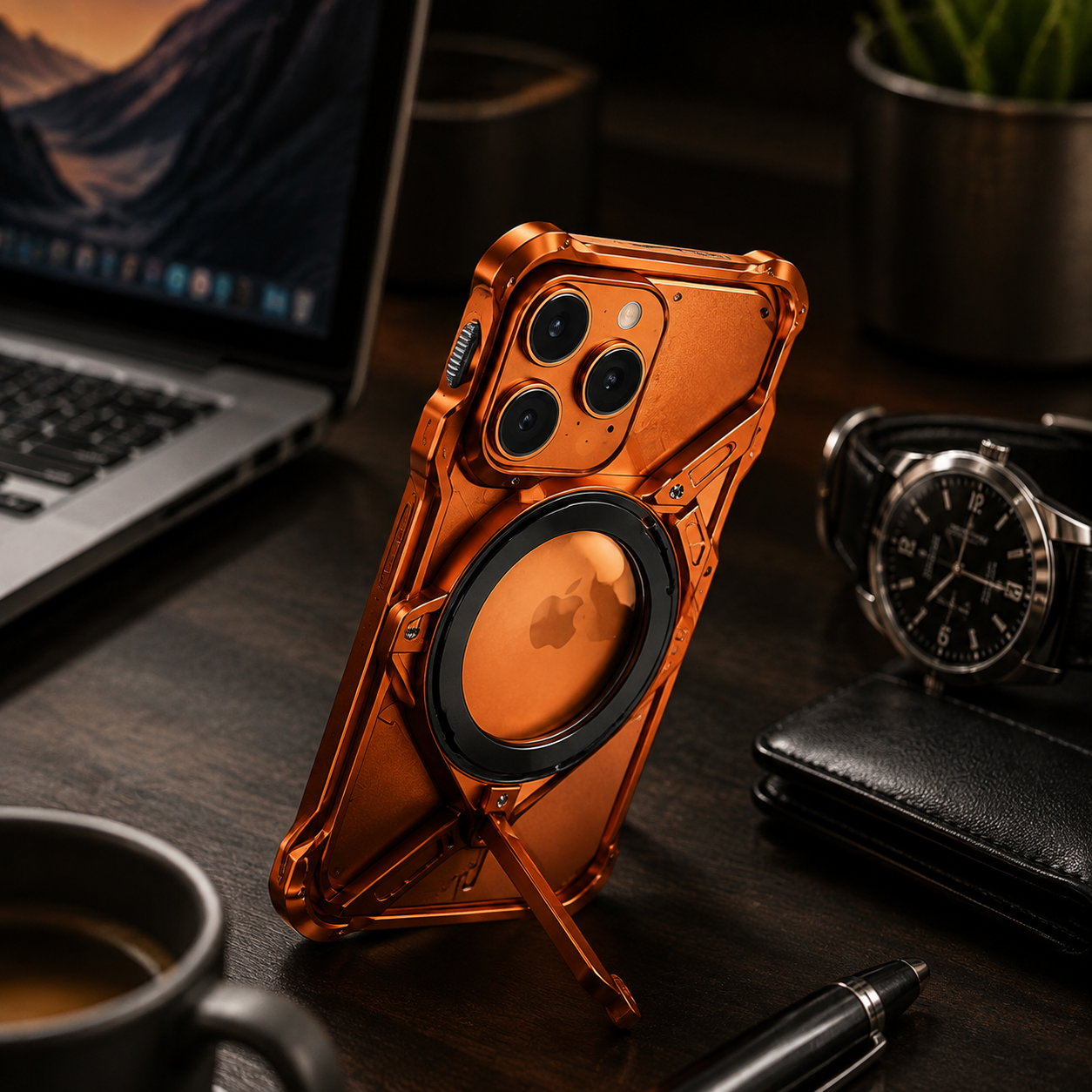 Premium iPhone Case Aluminum Alloy Bumper MagSafe Compatible Magnetic Cover 360° Rotating Ring Stand Shockproof Camera Lens Guard