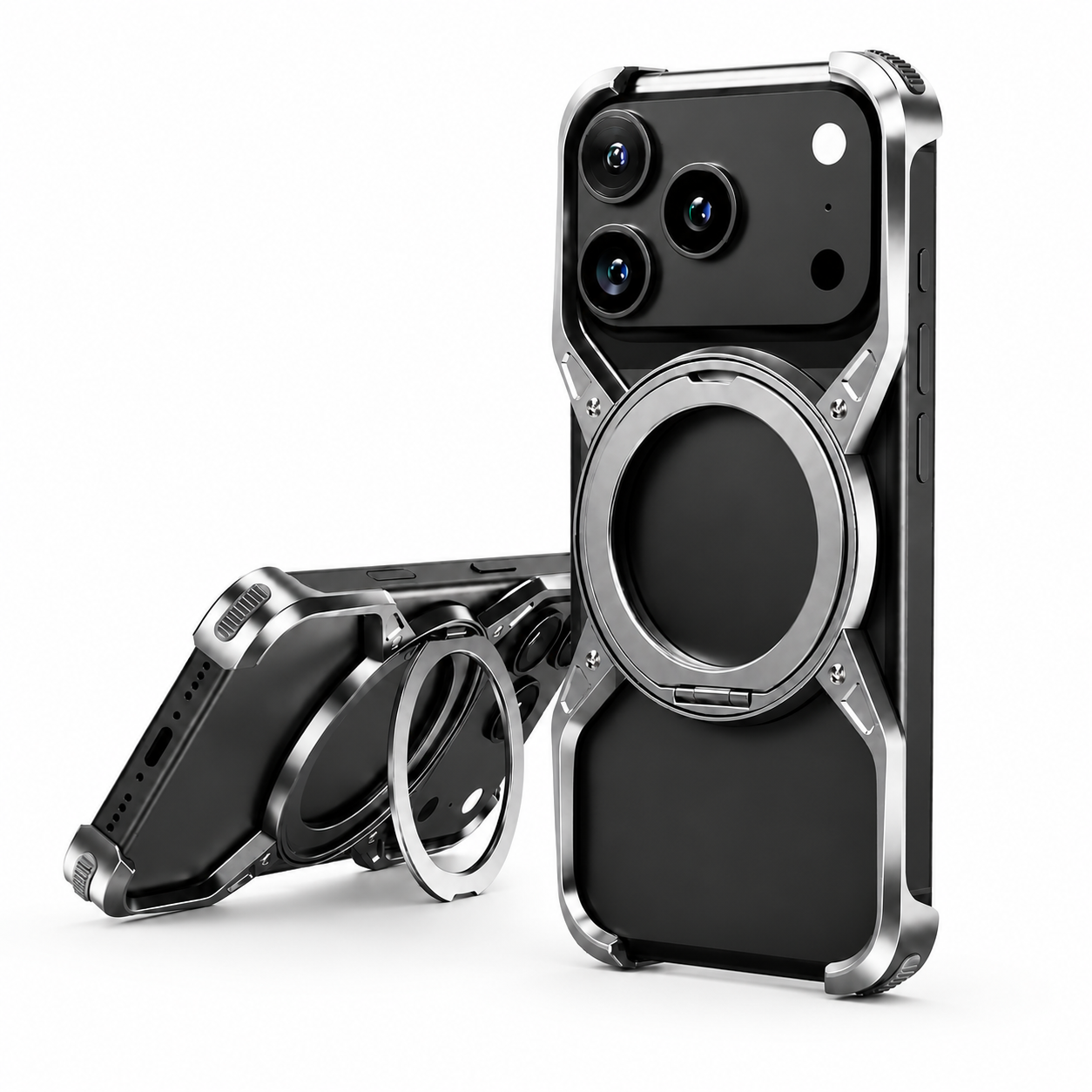 Premium iPhone Case Aluminum Alloy Bumper MagSafe Compatible Magnetic Cover 360° Rotating Ring Stand Shockproof Camera Lens Guard