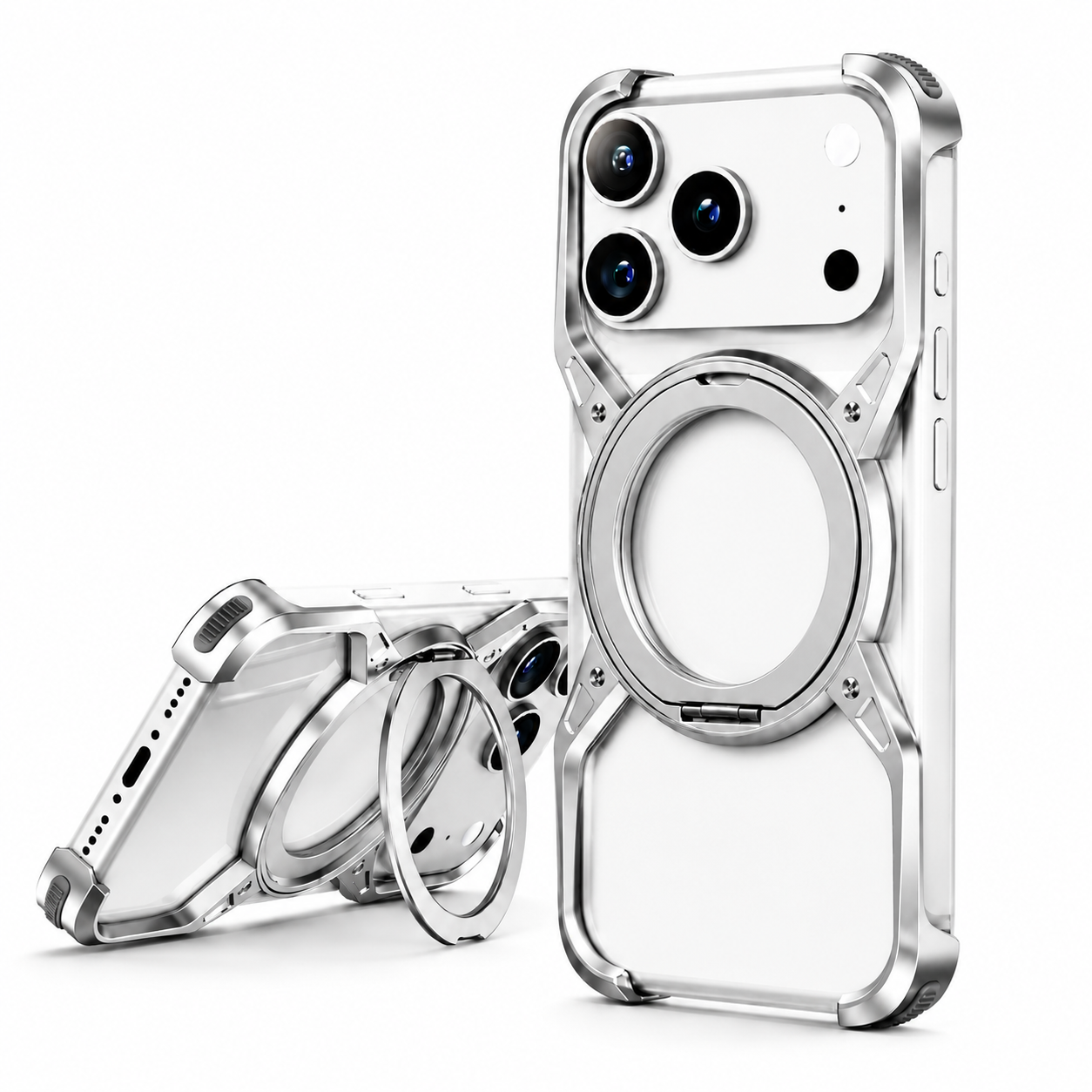 Premium iPhone Case Aluminum Alloy Bumper MagSafe Compatible Magnetic Cover 360° Rotating Ring Stand Shockproof Camera Lens Guard