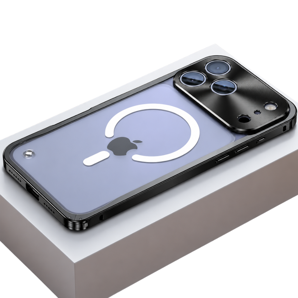 Premium iPhone Case Aluminum Alloy Frame MagSafe Compatible Magnetic Bumper Shockproof Protective Cover Matte Transparent Back Camera Lens Guard