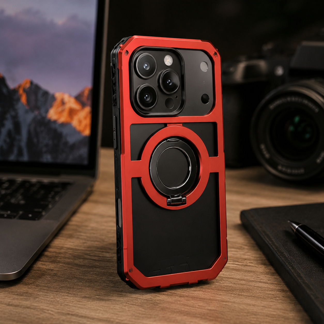 Premium iPhone Case Aluminum Armor MagSafe Compatible Protective Cover Built in Kickstand Glass Screen Protector Shockproof Bumper
