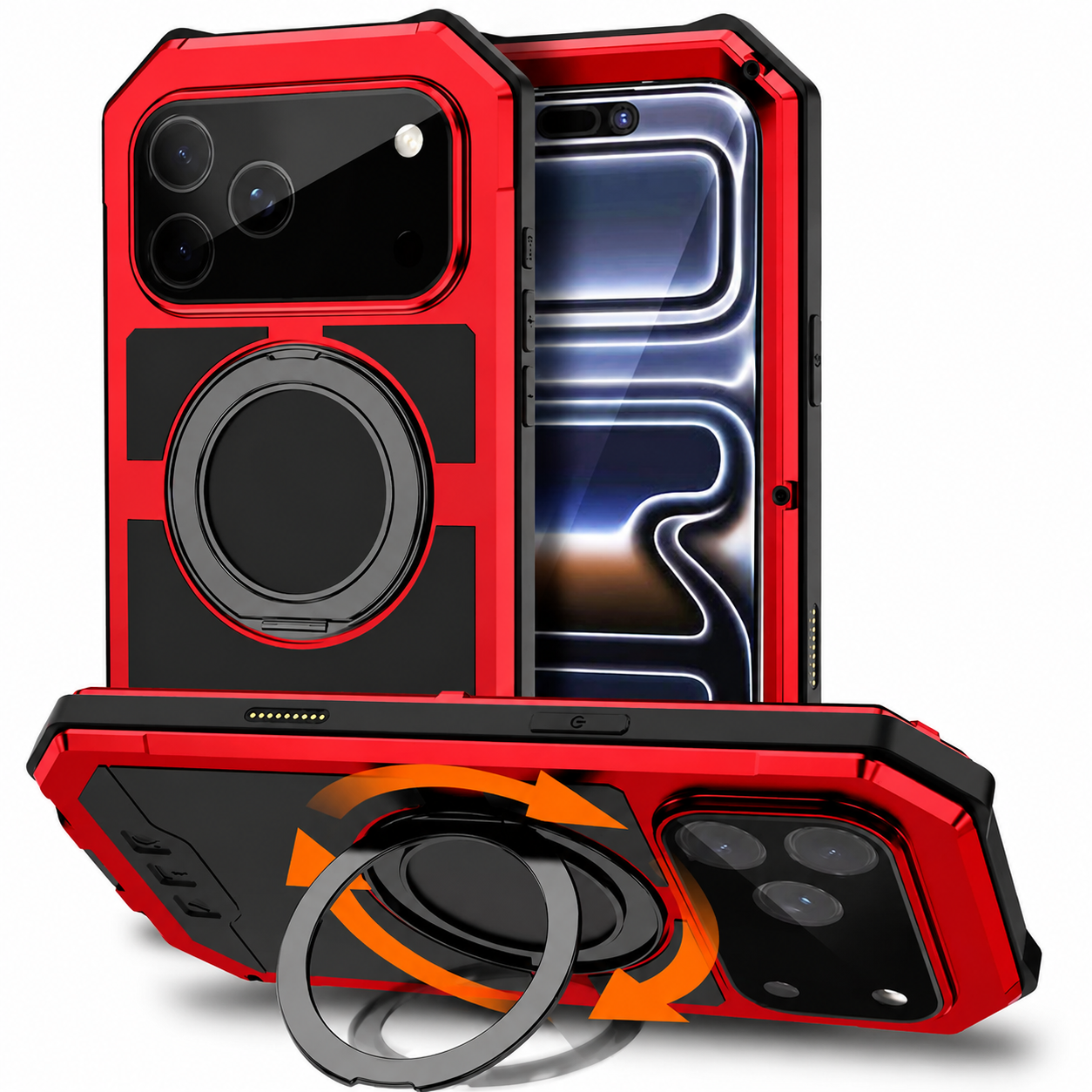 Premium iPhone Case Aluminum Armor MagSafe Compatible Protective Cover Built in Kickstand Glass Screen Protector Shockproof Bumper