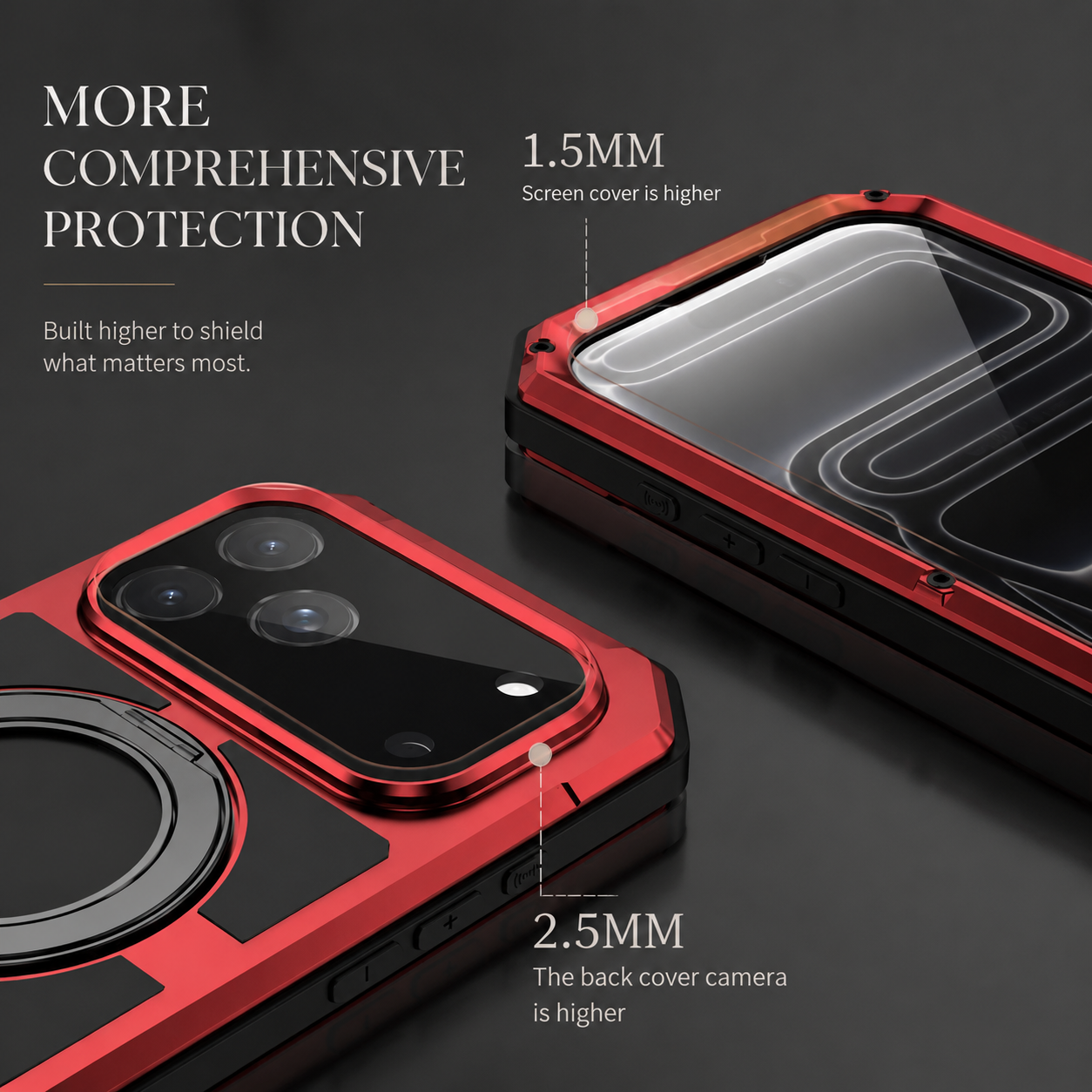 Premium iPhone Case Aluminum Armor MagSafe Compatible Protective Cover Built in Kickstand Glass Screen Protector Shockproof Bumper