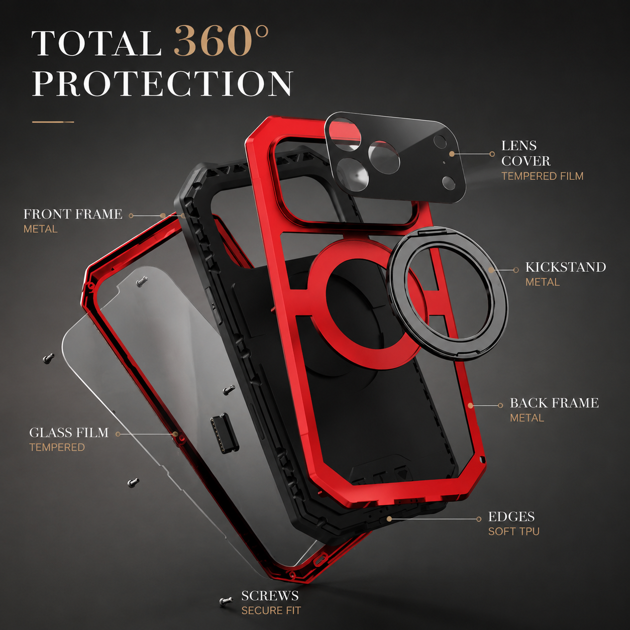 Premium iPhone Case Aluminum Armor MagSafe Compatible Protective Cover Built in Kickstand Glass Screen Protector Shockproof Bumper