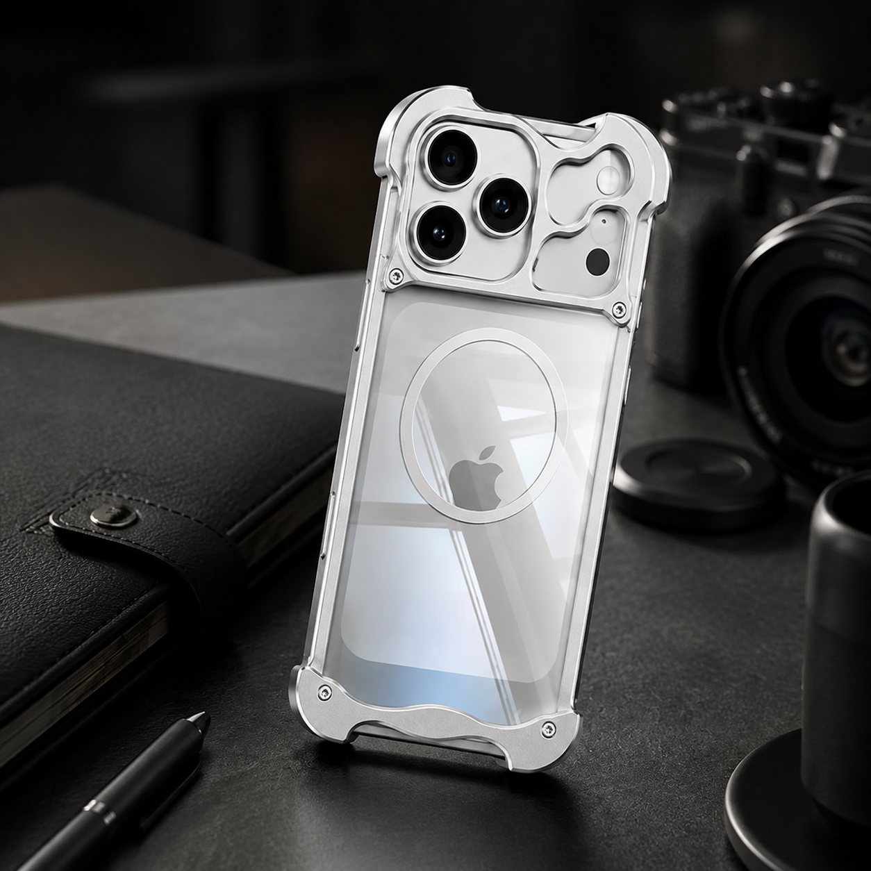 Premium iPhone Case Aluminum Corner Bumper MagSafe Compatible Magnetic Protective Cover Transparent Back Shockproof Camera Lens Guard