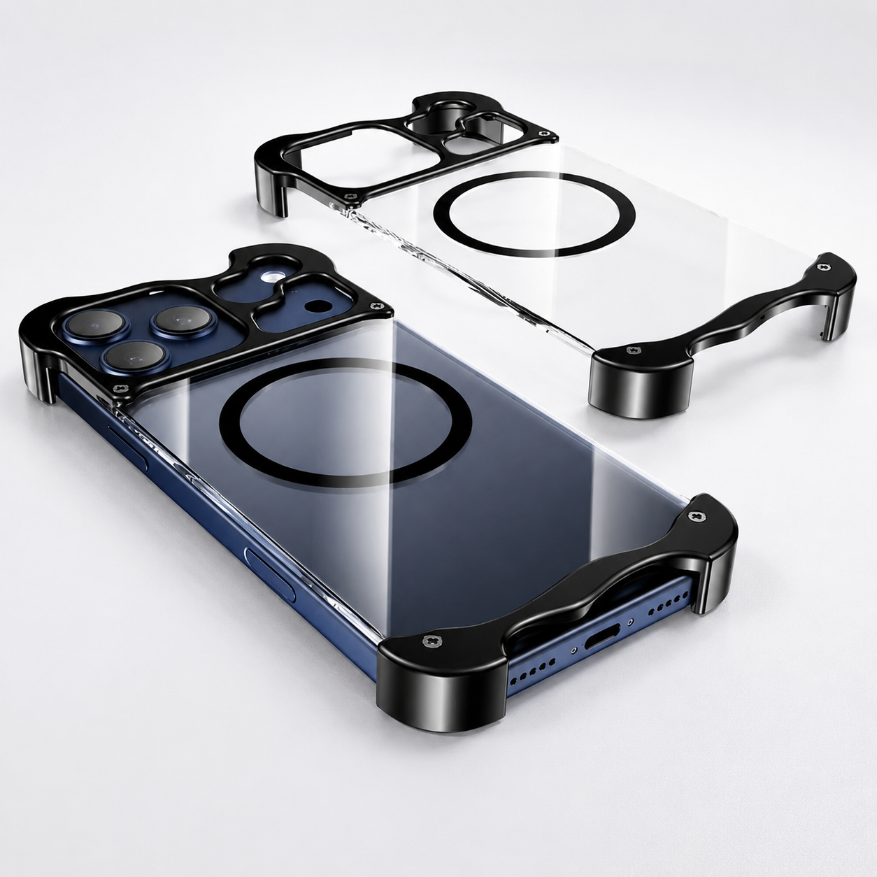 Premium iPhone Case Aluminum Corner Bumper MagSafe Compatible Magnetic Protective Cover Transparent Back Shockproof Camera Lens Guard