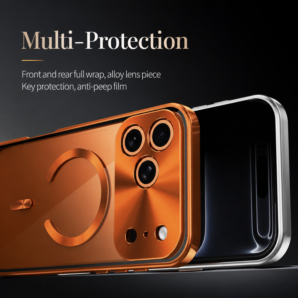 Premium iPhone Case Aluminum Frame MagSafe Compatible Magnetic Cover Built-In Privacy Screen Protector Clear Back Camera Lens Guard Shockproof
