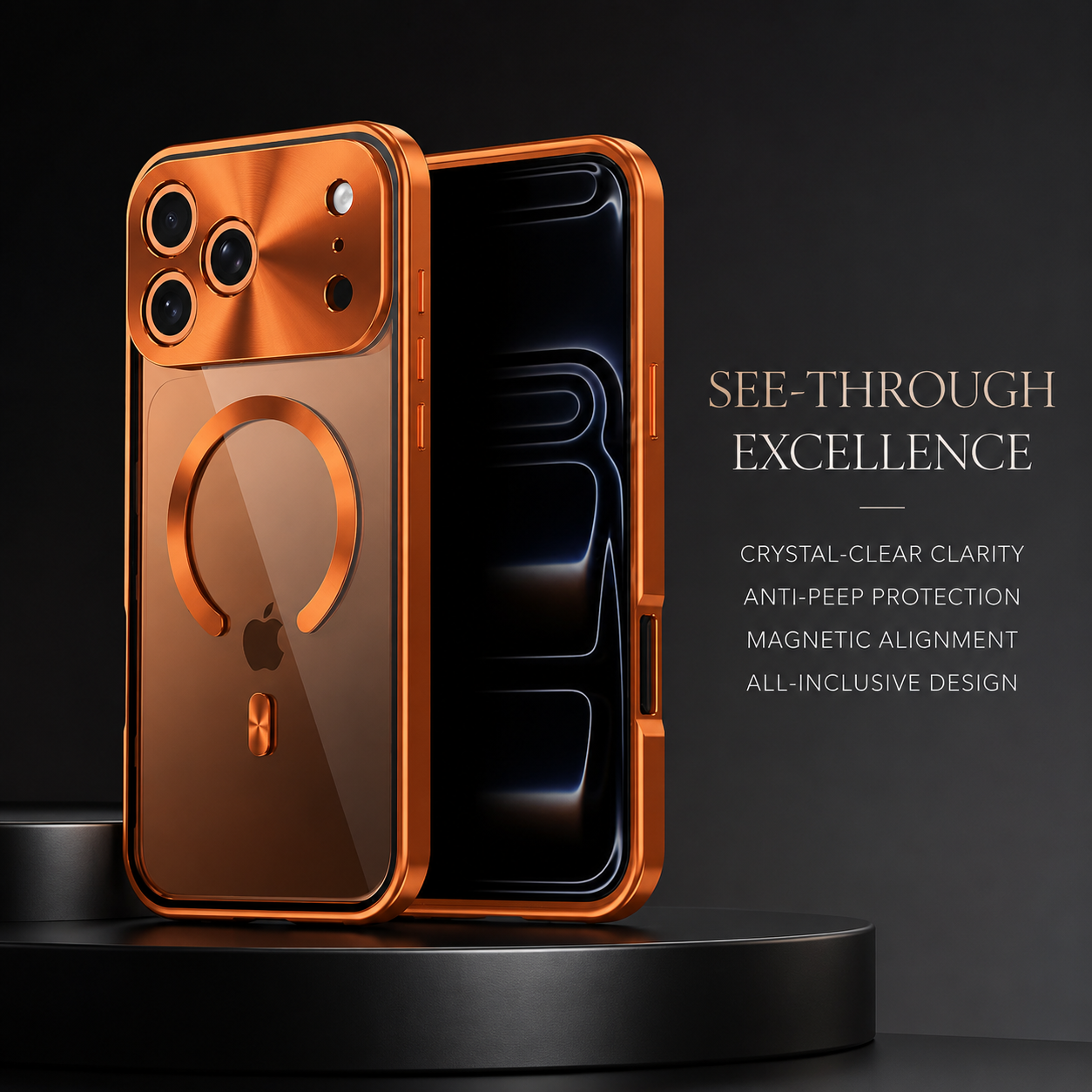 Premium iPhone Case Aluminum Frame MagSafe Compatible Magnetic Cover Built-In Privacy Screen Protector Clear Back Camera Lens Guard Shockproof