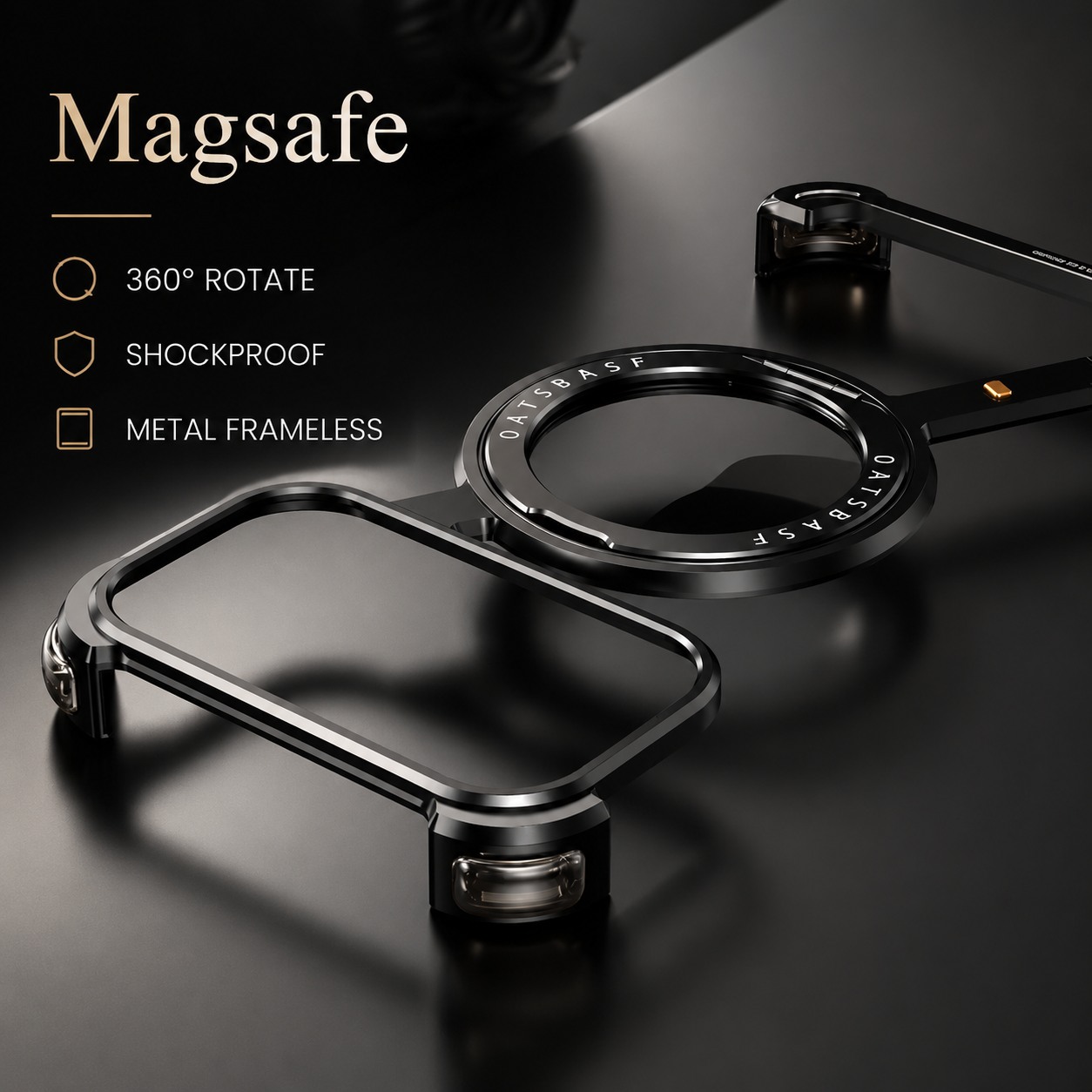 Premium iPhone Case Aluminum Magnetic Frameless MagSafe Compatible Protective Cover 360° Rotating Stand Ring Shockproof Camera Lens Guard