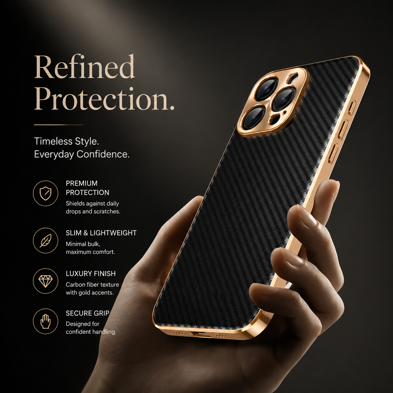 Premium iPhone Case Carbon Fiber Leather Alloy Lens Protection Shockproof Slim Fit Plating Design Wireless Charging Compatible Cover