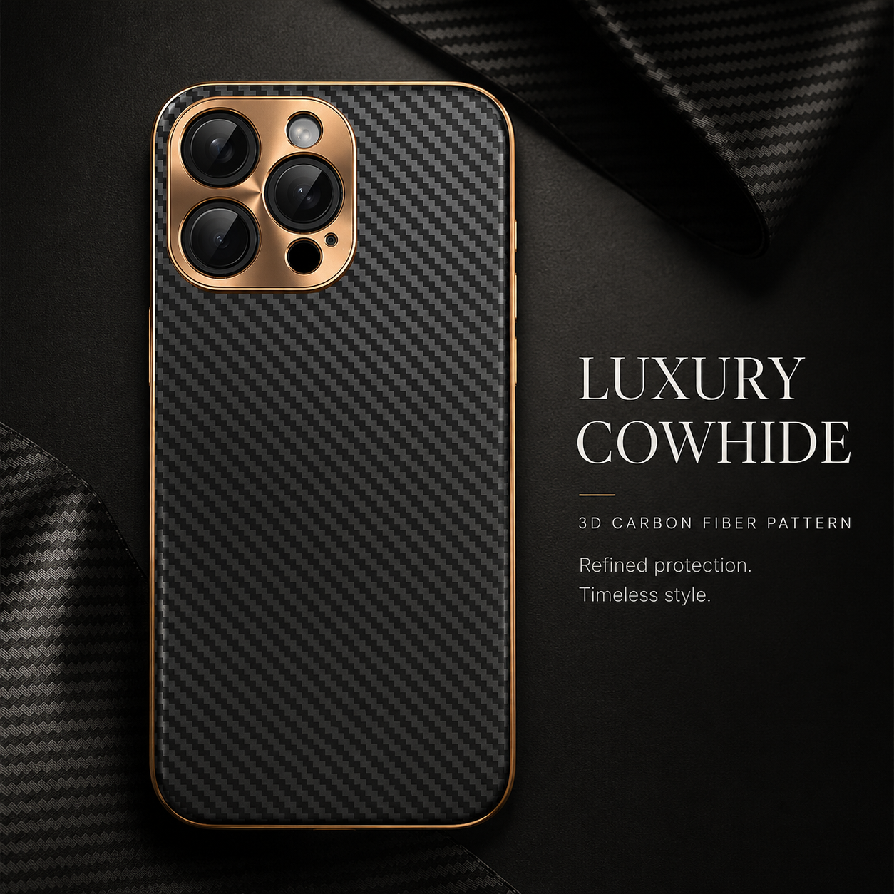 Premium iPhone Case Carbon Fiber Leather Alloy Lens Protection Shockproof Slim Fit Plating Design Wireless Charging Compatible Cover