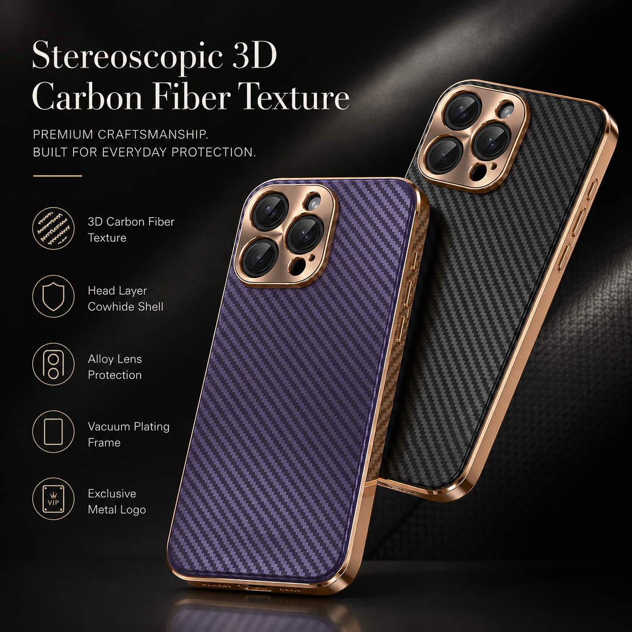 Premium iPhone Case Carbon Fiber Leather Alloy Lens Protection Shockproof Slim Fit Plating Design Wireless Charging Compatible Cover