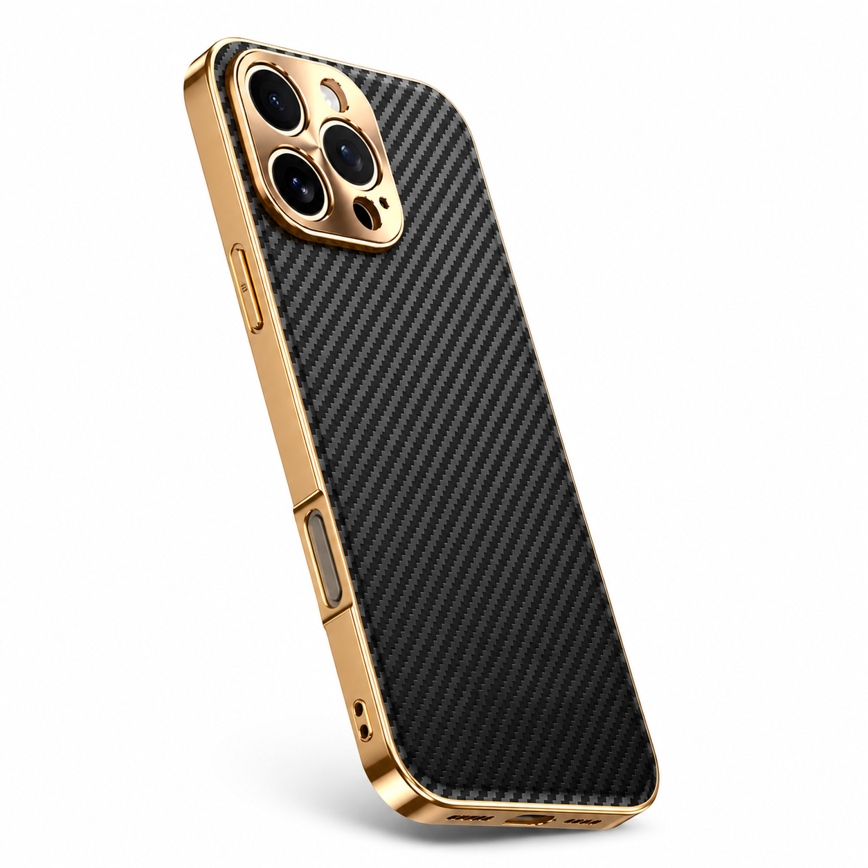 Premium iPhone Case Carbon Fiber Leather Alloy Lens Protection Shockproof Slim Fit Plating Design Wireless Charging Compatible Cover
