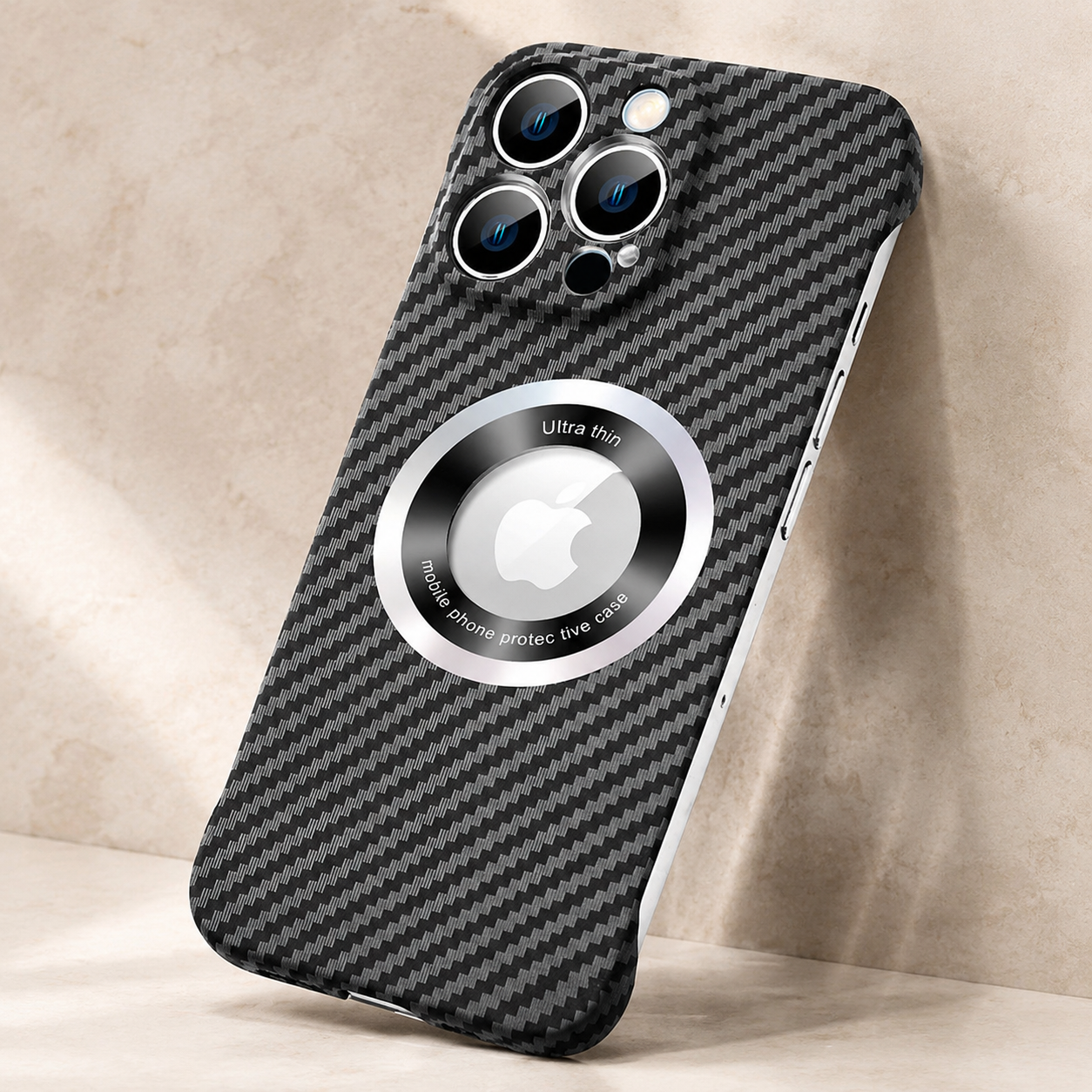 Premium iPhone Case Carbon Fiber MagSafe Cover Frameless Matte PC Slim Protective Case Logo Hollow Magnetic Ring Wireless Charging Compatible